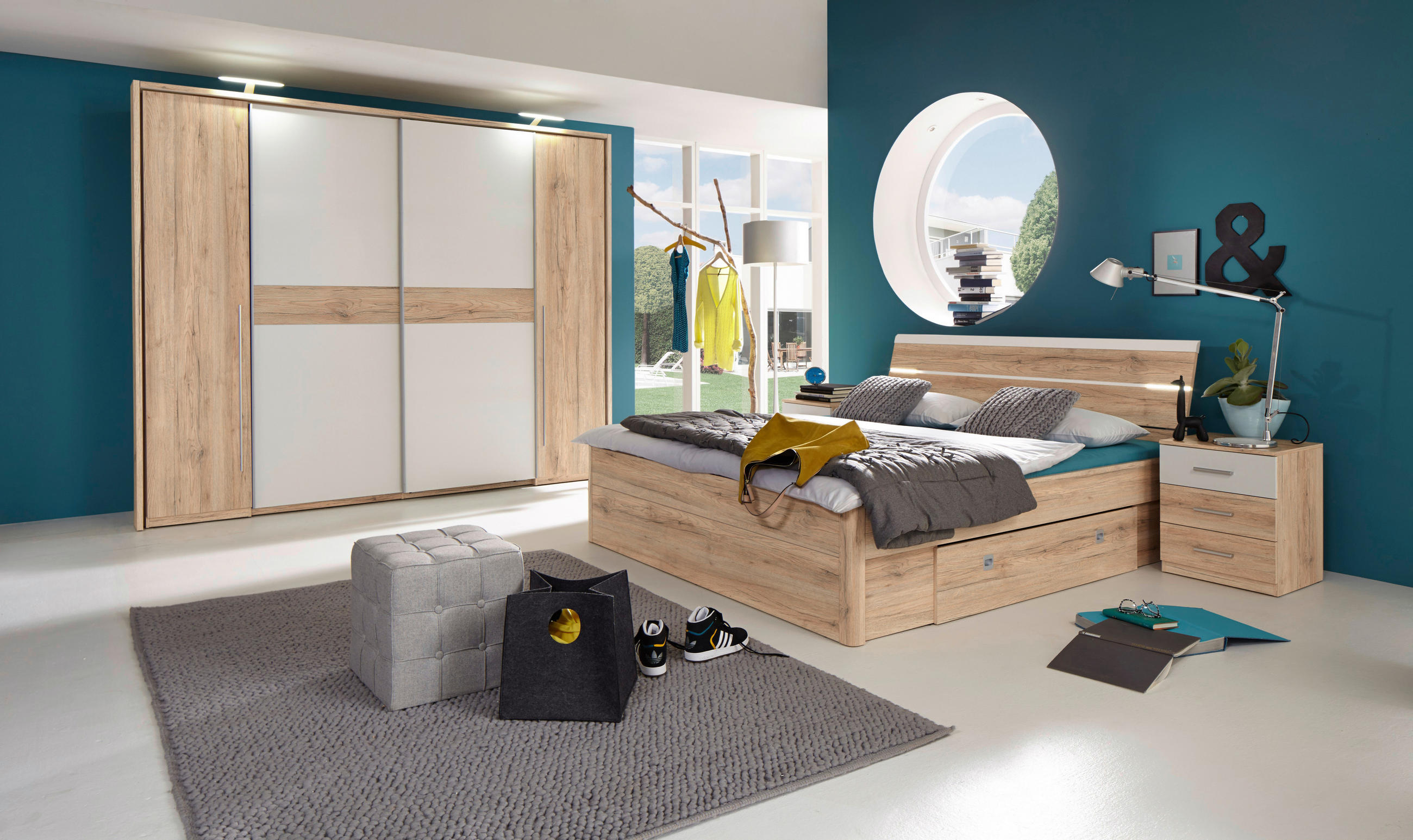 STAURAUMBETT inkl. Beleuchtung 140/200 cm  in Eiche San Remo  - Eichefarben/Eiche San Remo, Design, Holzwerkstoff (140/200cm) - Ti'me
