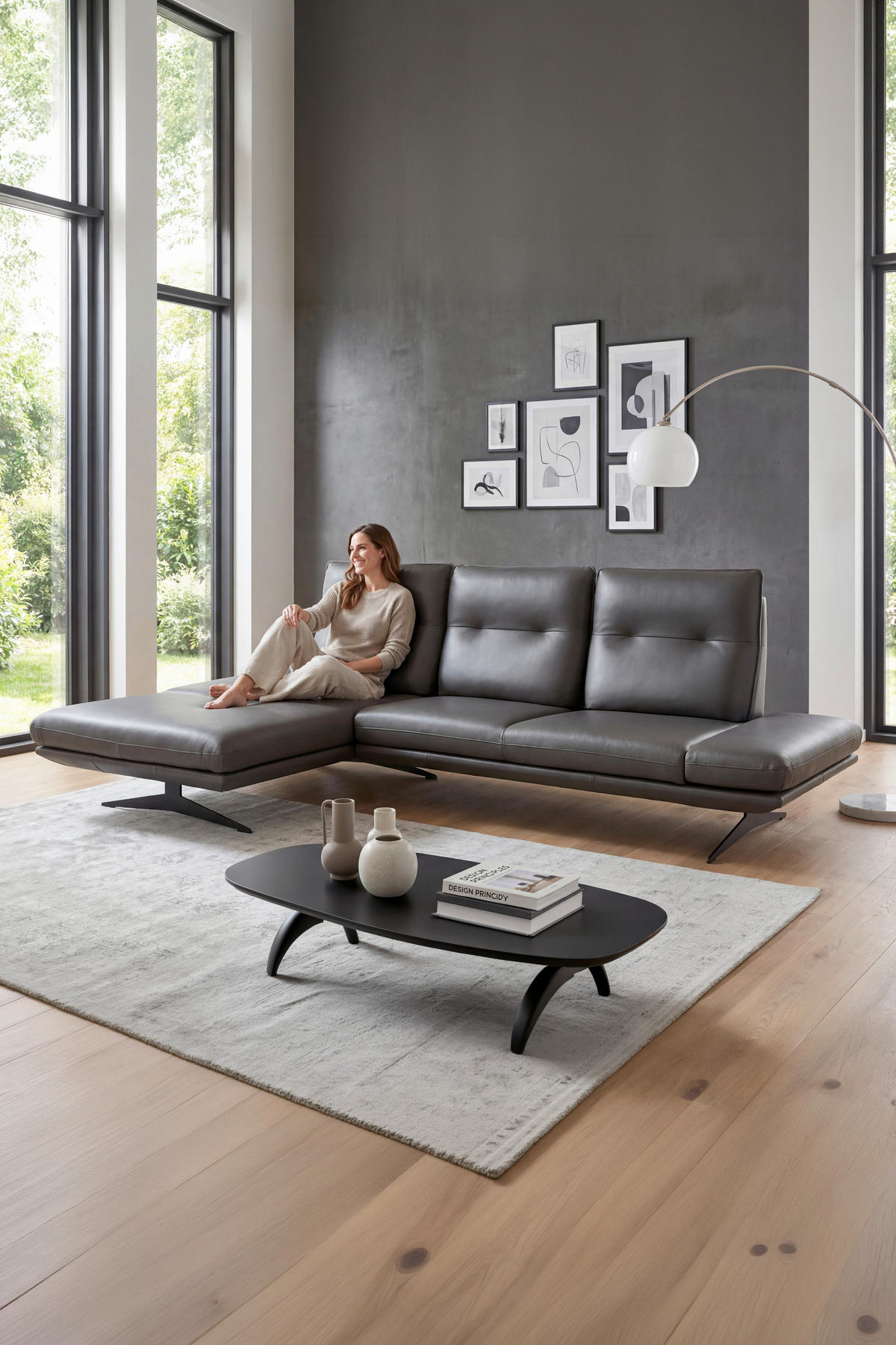 ECKSOFA Dunkelgrau Echtleder Rücken echt, Armteilverstellung, Kopfteilverstellung, Sitztiefenverstellung  - Dunkelgrau/Schwarz, Design, Leder/Metall (180/291cm) - Celina Home