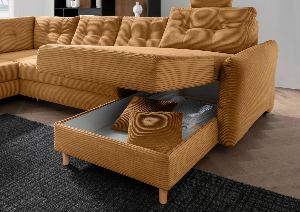 WOHNLANDSCHAFT in Cord Goldfarben  - Goldfarben/Naturfarben, Modern, Holz/Textil (206/338-352/176cm) - Livetastic