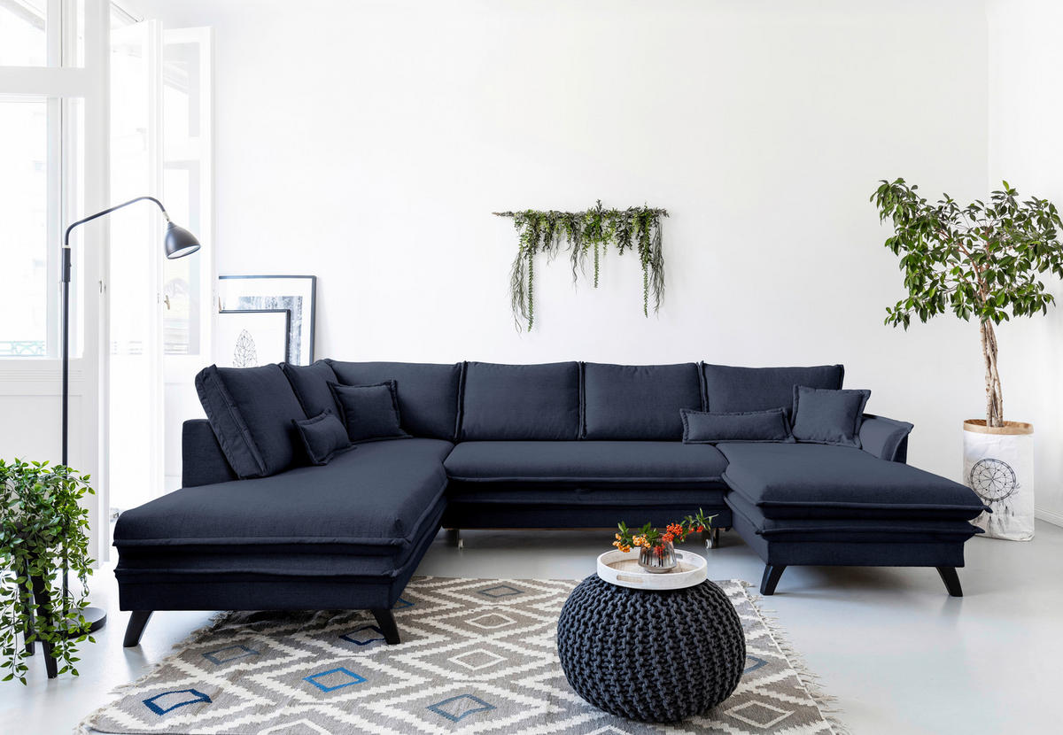 WOHNLANDSCHAFT in Mikrofaser Dunkelblau  - Schwarz/Dunkelblau, Design, Holz/Textil (200/300/150cm) - P & B