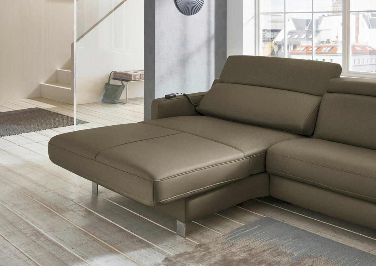 ECKSOFA in Echtleder Olivgrün  - Chromfarben/Olivgrün, Design, Leder/Metall (176/291cm) - Valdera