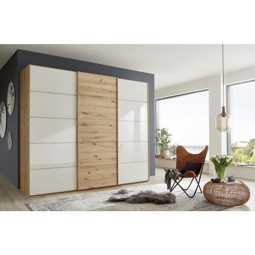 Thumbnail - Linea Natura Schwebetürenschrank, Champagner, Eiche Bianco, Holzwerkstoff, Eiche, teilmassiv, 250x236x67 cm, ISO 9001, G...
