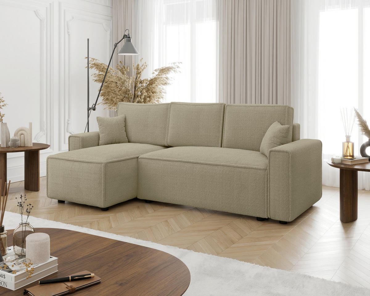 ECKSOFA Beige Bouclé Zierkissen, Rückenkissen, Bettkasten, Schlaffunktion, Rücken echt, Liegefläche im Originalstoff  - Beige/Schwarz, MODERN, Kunststoff/Textil (143/232cm) - Carryhome