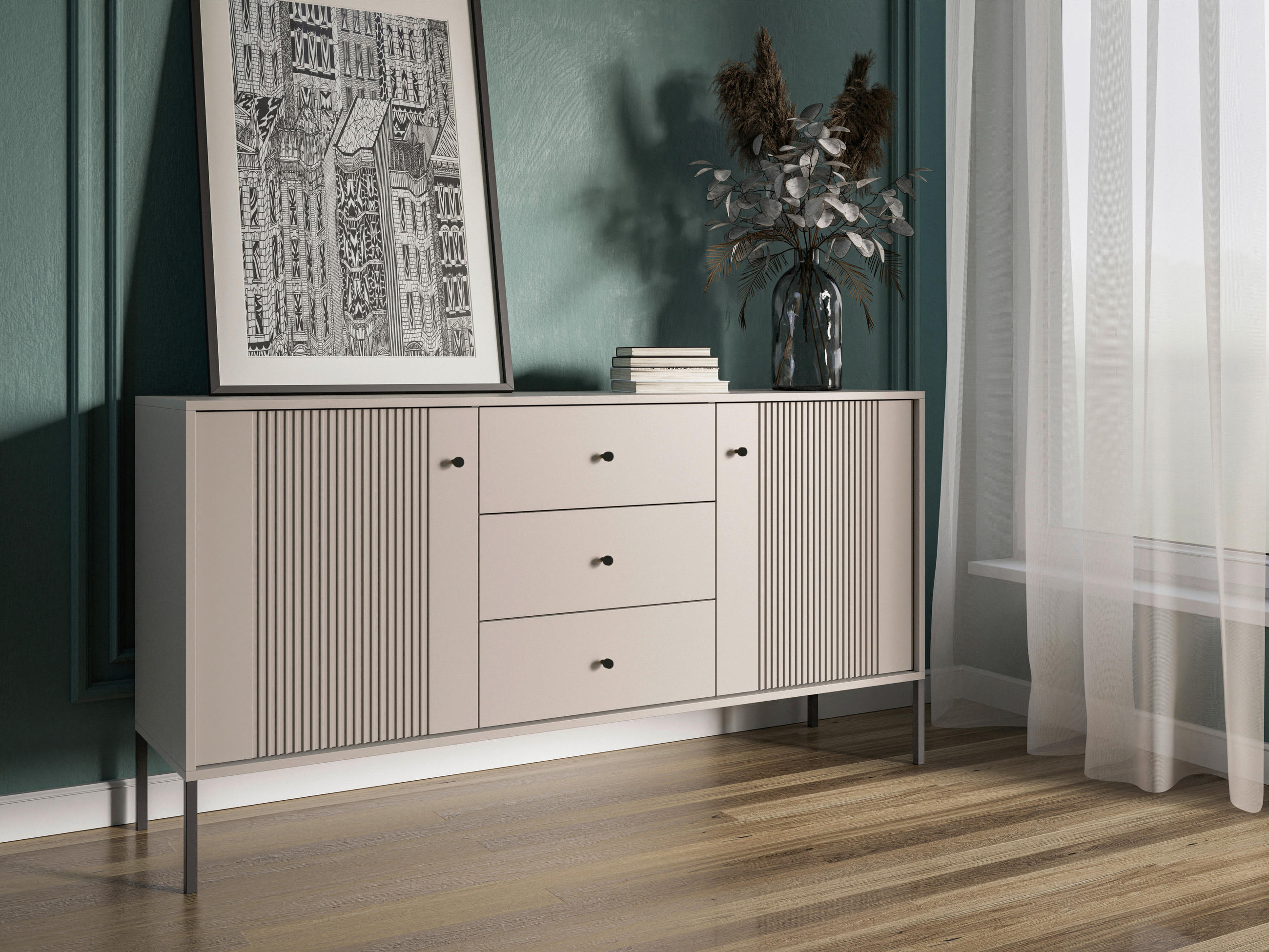 SIDEBOARD Iseo in 154,5/79/39 cm - Kaschmir/Schwarz, Design, Holzwerkstoff/Metall (154,5/79/39cm) - Xora