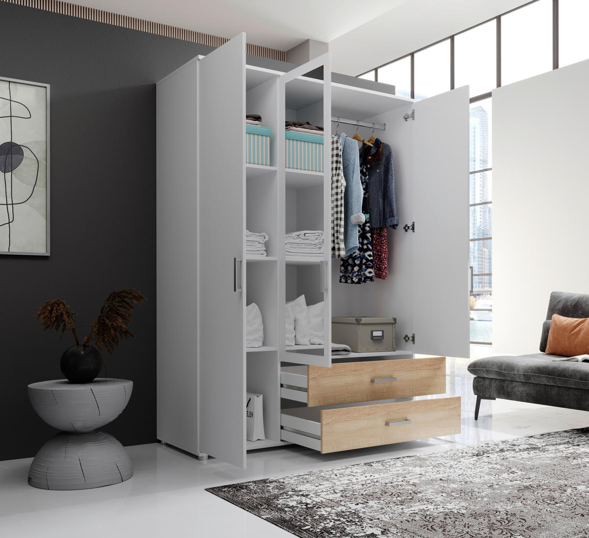 DREHTÜRENSCHRANK in Weiss, Sonoma Eiche  - Weiss/Alufarben, Modern, Holzwerkstoff/Kunststoff (125/190/51cm) - MID.YOU