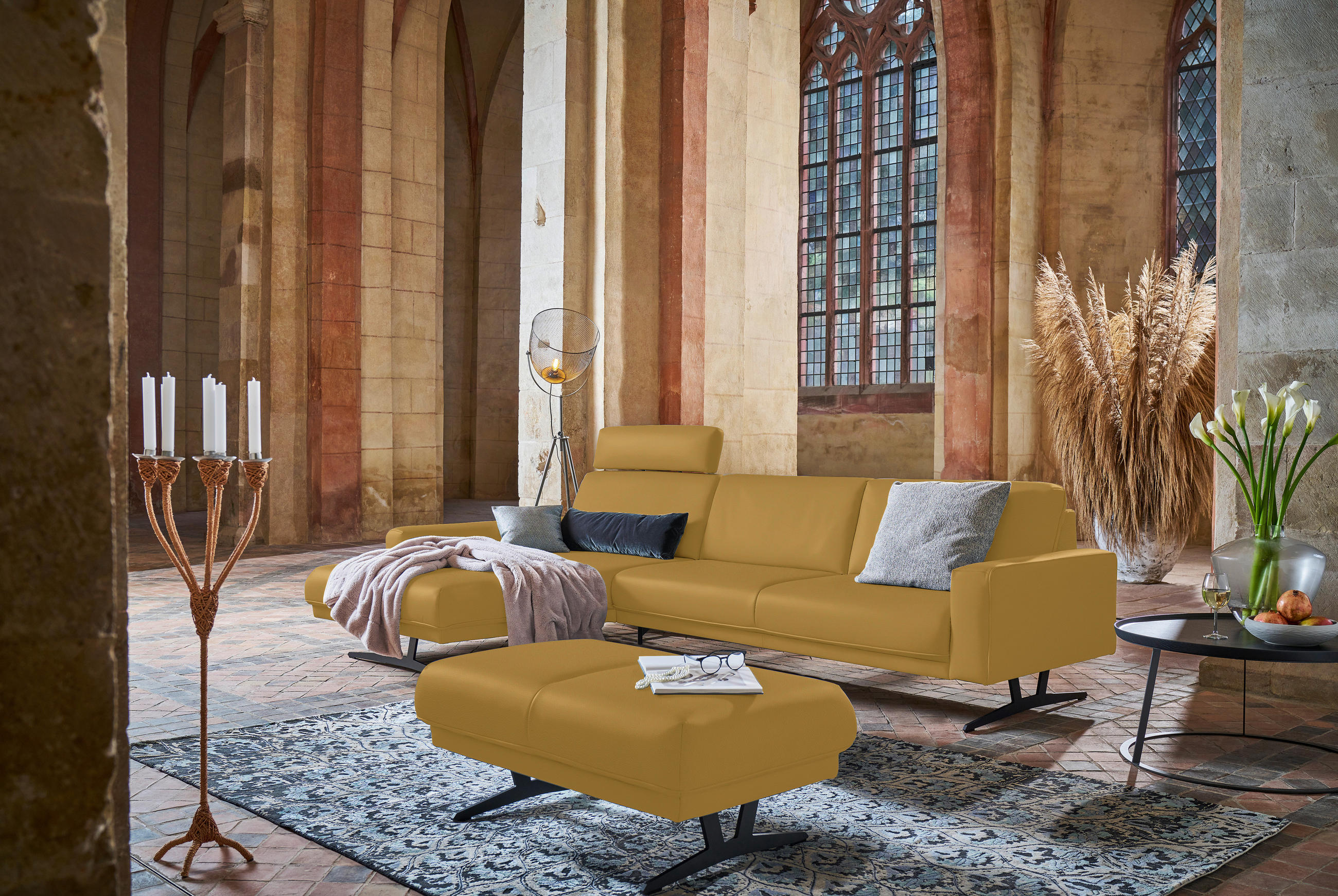 ECKSOFA in Echtleder Senfgelb  - Anthrazit/Senfgelb, Konventionell, Leder/Metall (179/324cm) - Johann Jakob