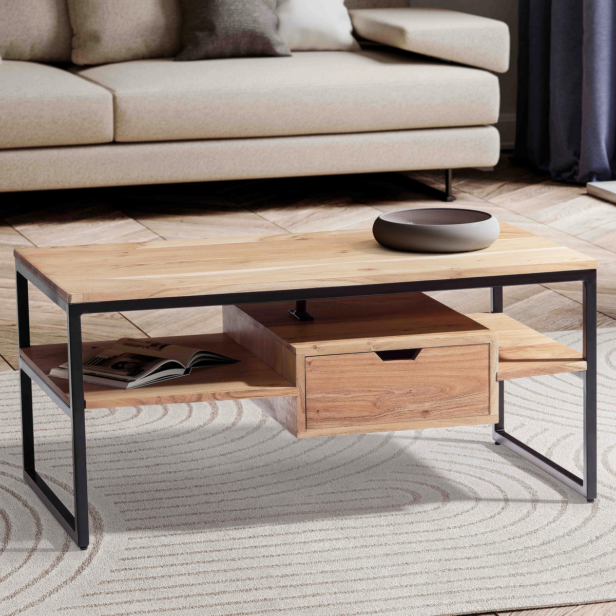 COUCHTISCH in Holz 90/50/42 cm  - Schwarz/Akaziefarben, Design, Holz/Metall (90/50/42cm) - MID.YOU