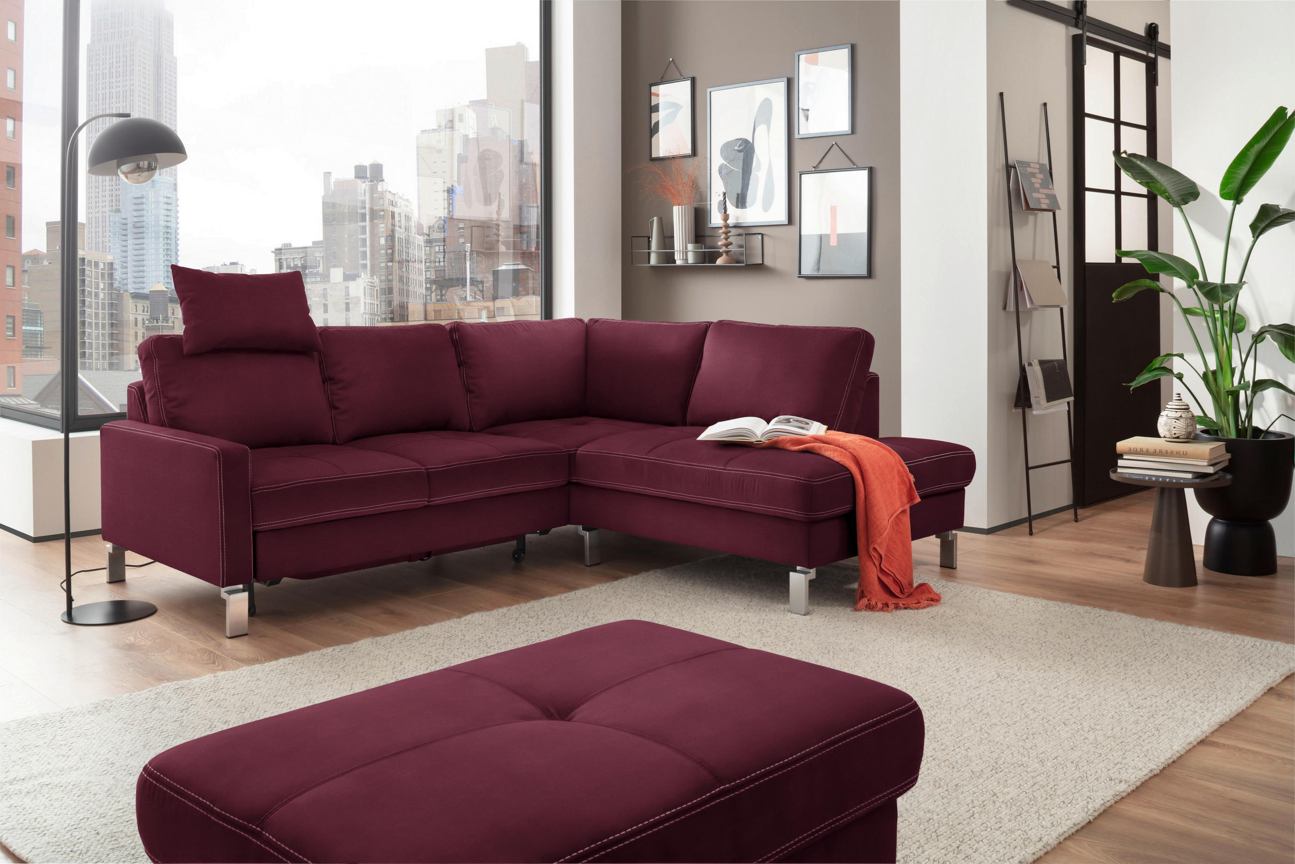 ECKSOFA in Mikrofaser Beere  - Chromfarben/Beere, Design, Textil/Metall (229/200cm) - Pure Home Lifestyle