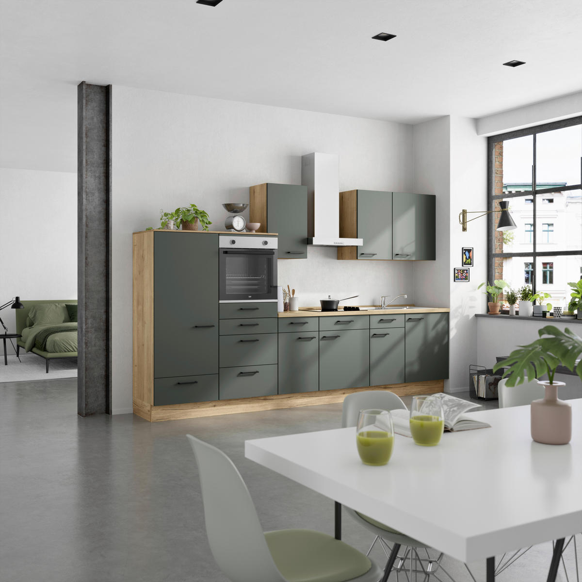 KÜCHENBLOCK Easytouch 330 cm  in Eichefarben, Dunkelgrün  - Dunkelgrün/Eichefarben, MODERN, Holzwerkstoff/Metall (330cm) - Nobilia