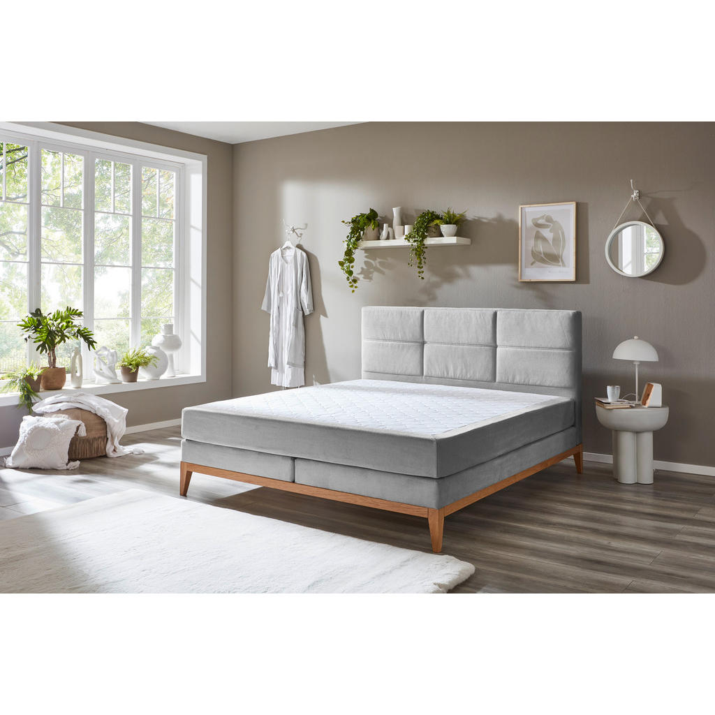 Thumbnail - Boxxx Boxspringbett, Hellgrau, Textil, Eiche, massiv, H2, 7-Zonen, Höhe ca. 18 cm, 180x200 cm, gepolstertes Kopfteil, Pa...