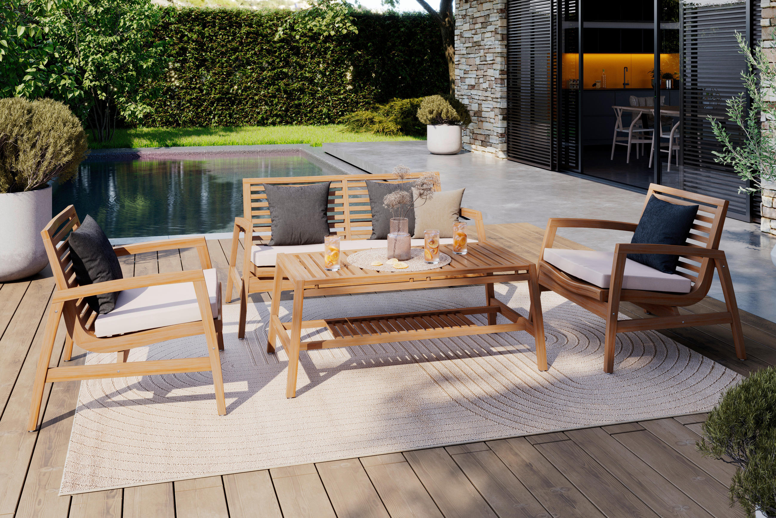 LOUNGEGARNITUR Teakholz Hartholz  - Beige/Naturfarben, Natur, Holz/Textil (138/73/71cm) - Ambia Garden