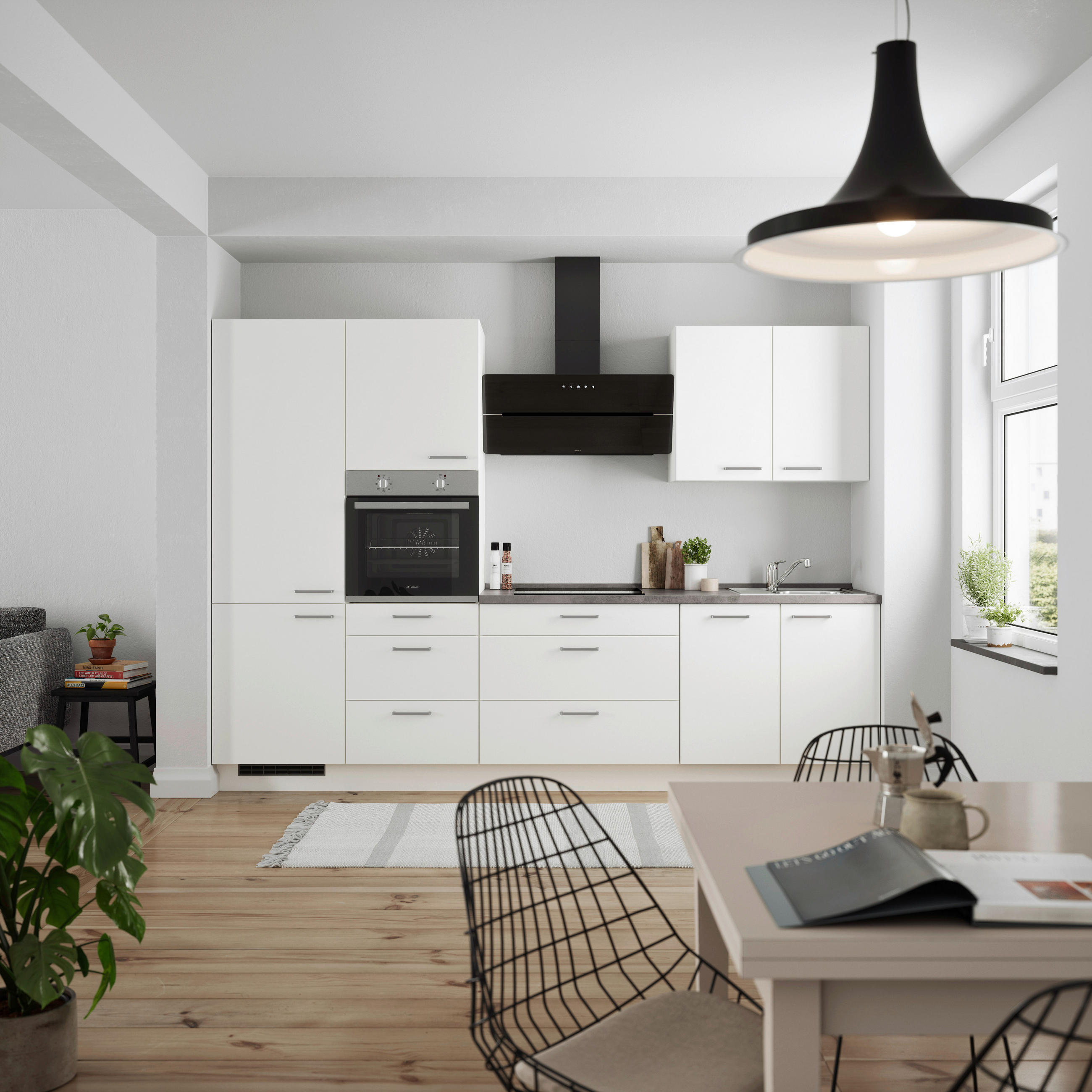 BUCĂTĂRIE FĂRĂ ELECTROCASNICE  - alb/culoare inox, Modern, metal/material pe bază de lemn (300cm) - Nobilia