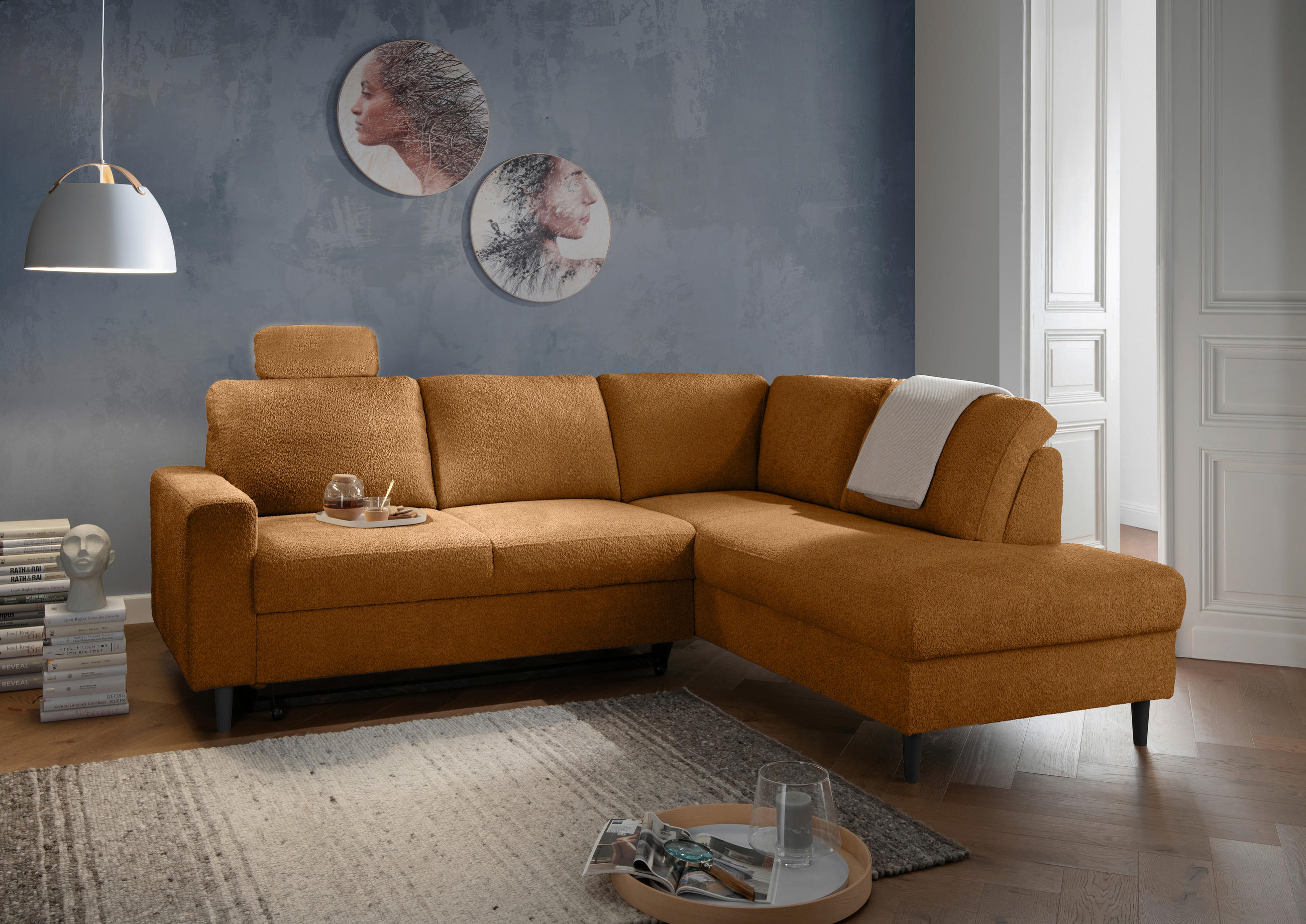 ECKSCHLAFSOFA in Goldfarben Textil   - Goldfarben/Schwarz, Modern, Holz/Textil (242/200cm) - Livetastic