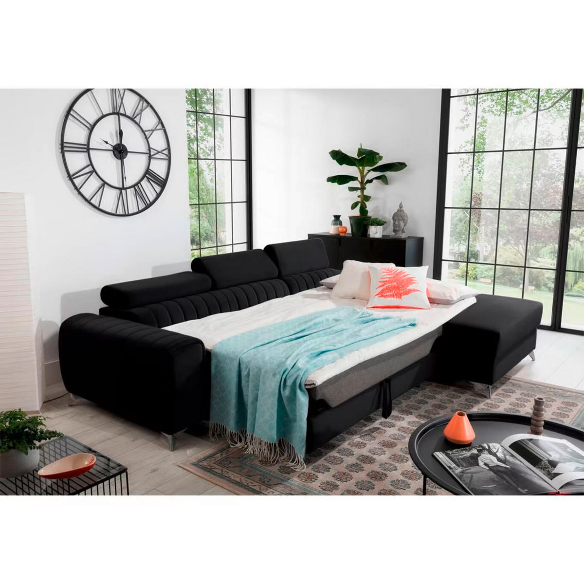 ECKSOFA  Schwarz Samt  - Silberfarben/Schwarz, Design, Textil/Metall (278/205cm) - MID.YOU