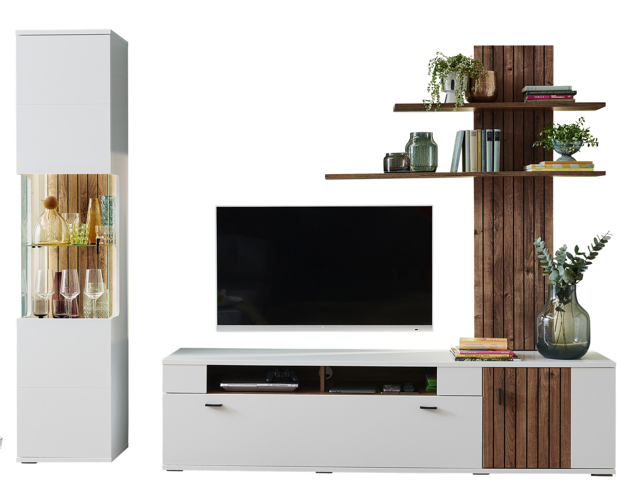 WOHNWAND  in Weiss, Eiche dunkel 260/208/50 cm  - Eiche dunkel/Weiss, Design, Glas/Holzwerkstoff (260/208/50cm) - Stylife