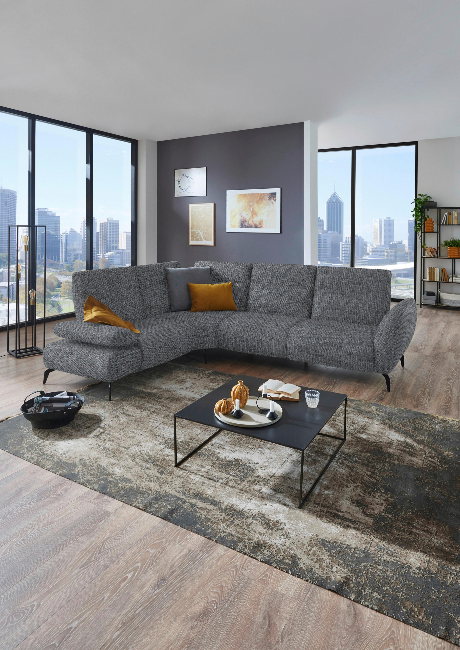 ECKSOFA in Webstoff Grau  - Schwarz/Grau, Design, Textil/Metall (223/290cm) - Moderano