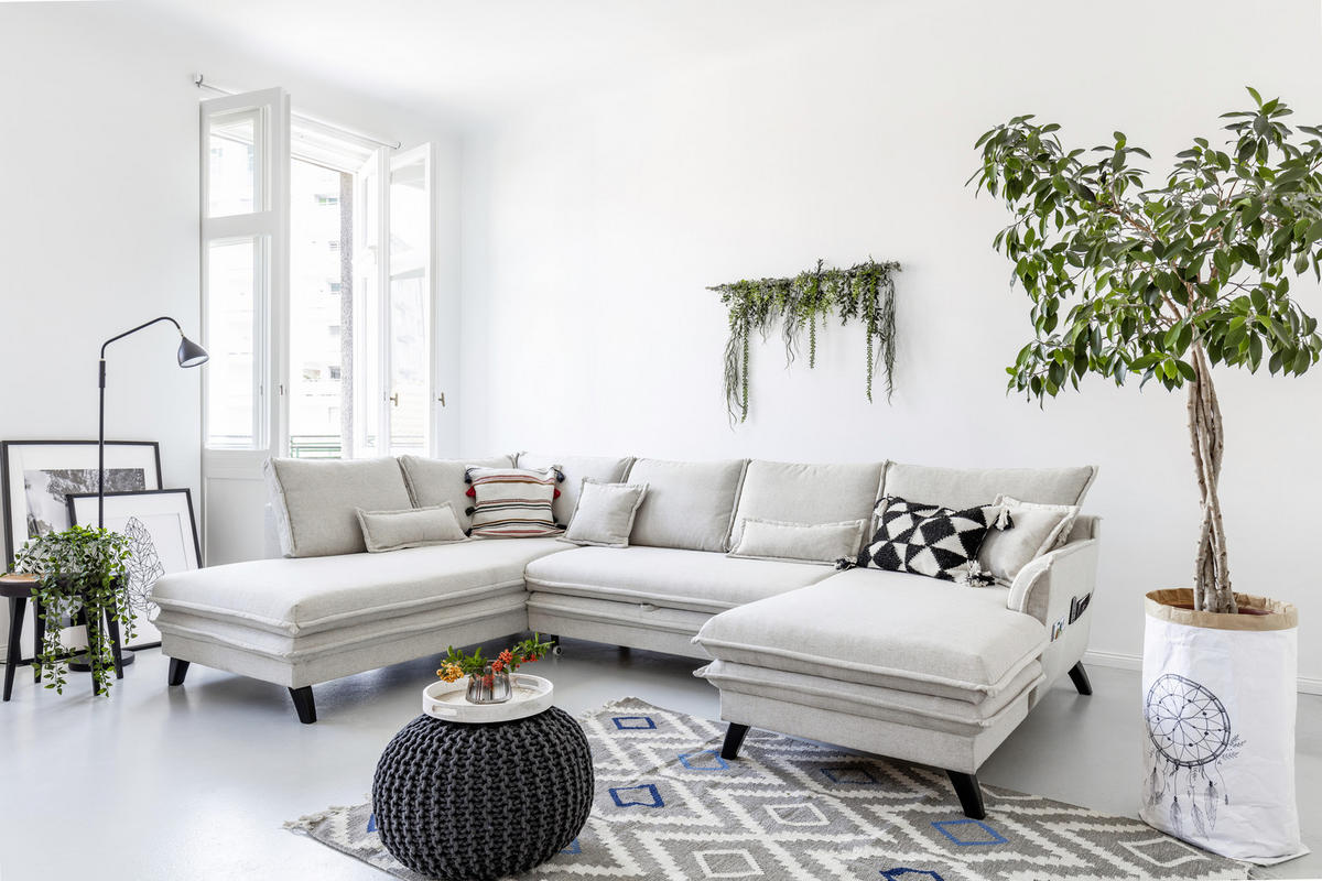 WOHNLANDSCHAFT Charming Charlie Beige Webstoff  - Beige/Schwarz, Basics, Holz/Holzwerkstoff (200/300/150cm) - MID.YOU