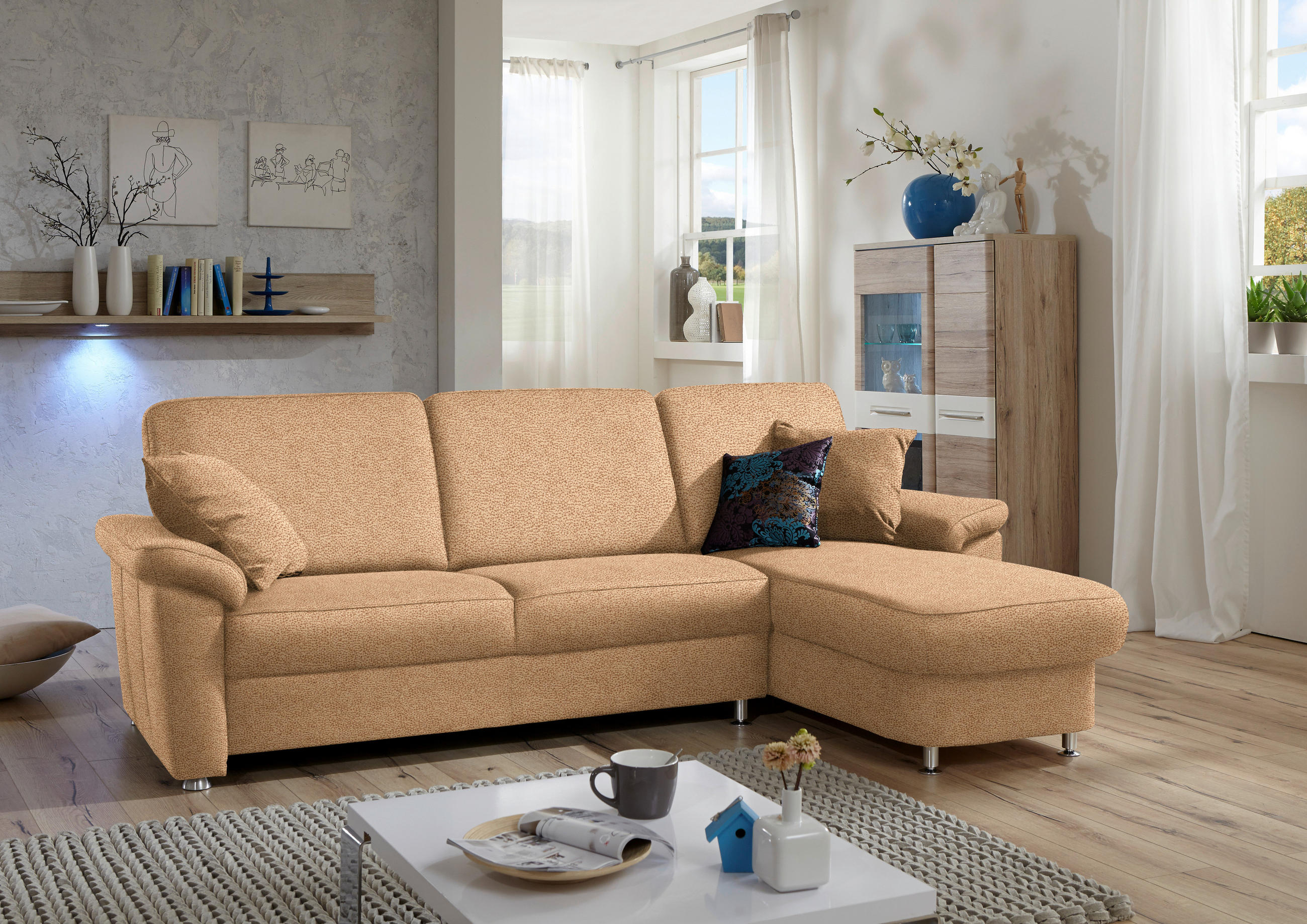 ECKSOFA in Flachgewebe Hellbraun  - Chromfarben/Hellbraun, Konventionell, Textil/Metall (250/163cm) - Beldomo System