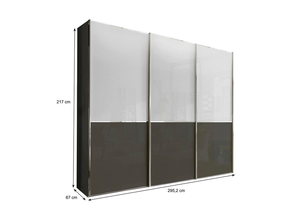 SCHWEBETÜRENSCHRANK 300/217/67 cm 3-türig Weiß, Dunkelgrau  - Chromfarben/Dunkelgrau, KONVENTIONELL, Glas/Holzwerkstoff (300/217/67cm) - Novel