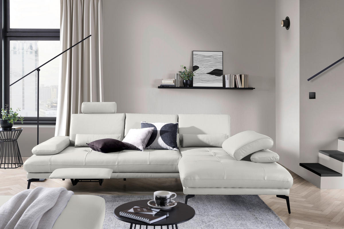 ECKSOFA Creme Echtleder  - Creme/Schwarz, Design, Leder/Metall (273/187cm) - Celina Home