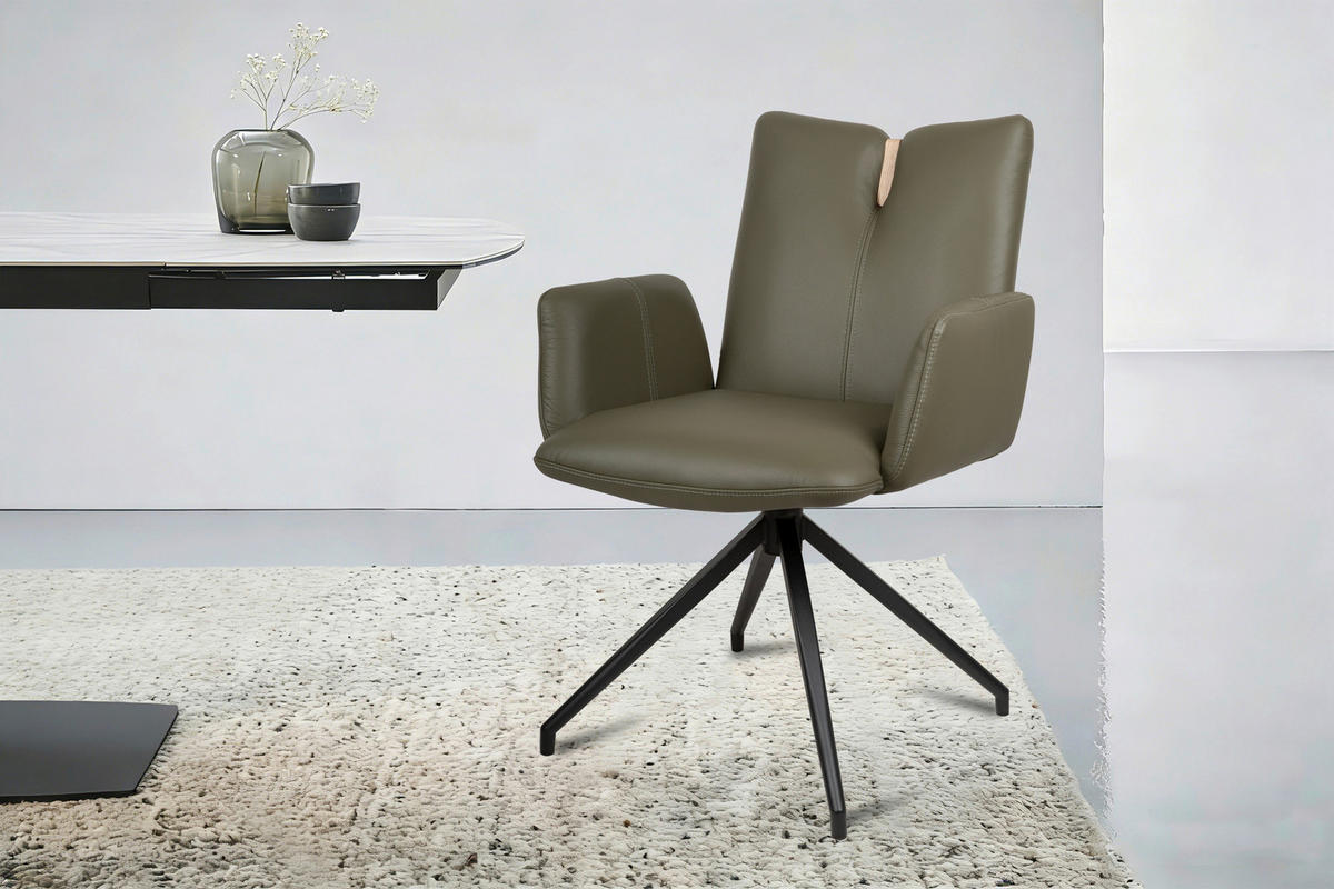 ARMLEHNSTUHL  Sitzfläche 360° drehbar, automatische Rückholfunktion  Echtleder  - Schwarz/Grün, Design, Leder/Holz (62/87/63cm) - Valnatura