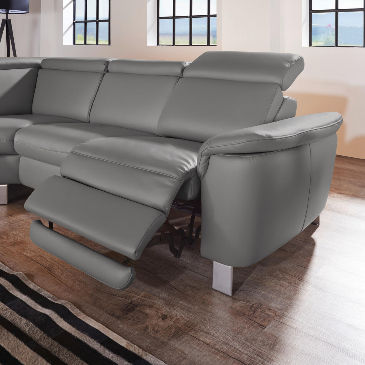 ECKSOFA in Echtleder Dunkelgrau  - Dunkelgrau/Alufarben, Design, Leder/Metall (239/271cm) - Cantus