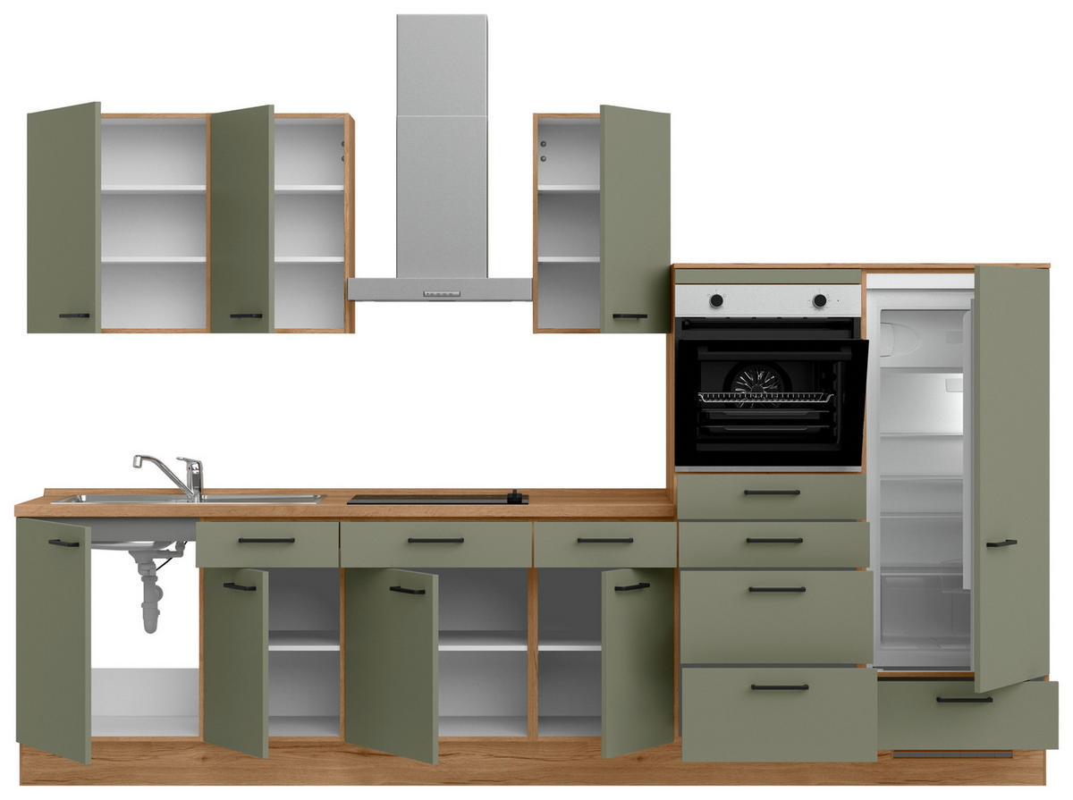 KÜCHENBLOCK Senso 330 cm  in Eichefarben, Olivgrün  - Eichefarben/Schwarz, MODERN, Holzwerkstoff/Metall (330cm) - Nobilia