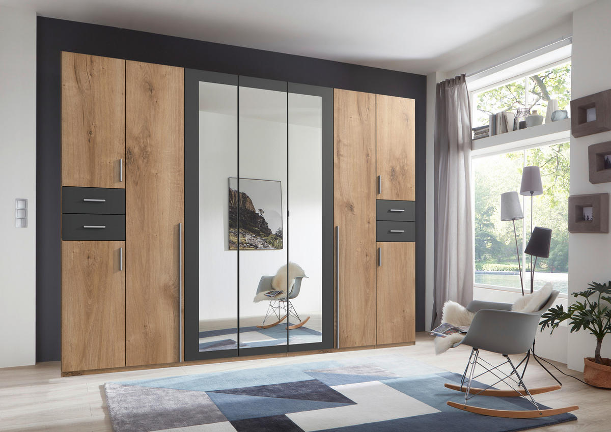 DREHTÜRENSCHRANK in Graphitfarben, Eichefarben  - Eichefarben/Silberfarben, Basics, Holzwerkstoff (313/208/58cm) - MID.YOU