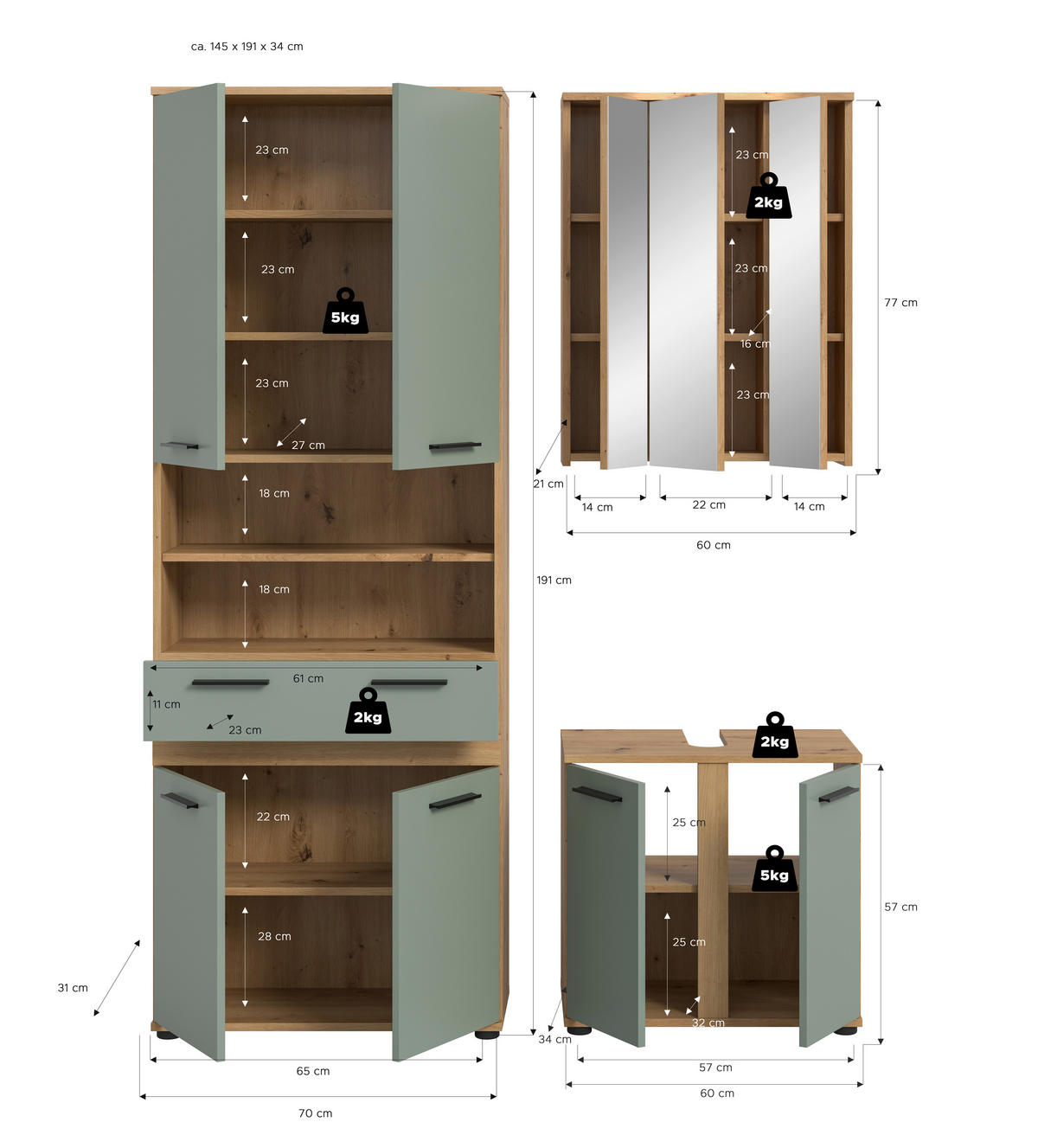 BADRUM 145 cm  - svart/ek Artisan, Trend, trämaterial/glas (145cm) - MID.YOU
