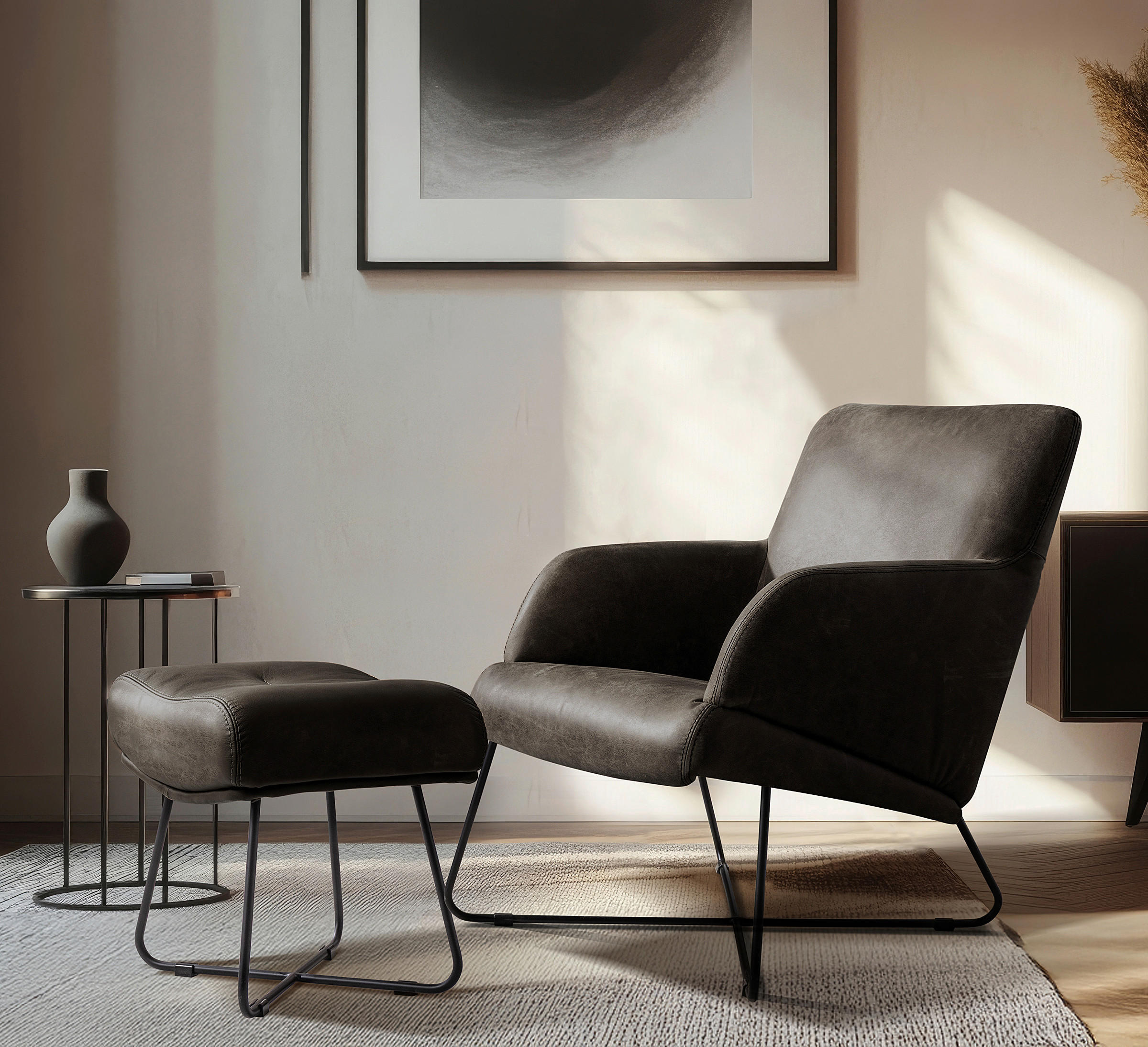 SESSELSET Echtleder Fango, Cognac  - Fango/Cognac, Design, Leder/Metall (67/87/74cm) - Livetastic