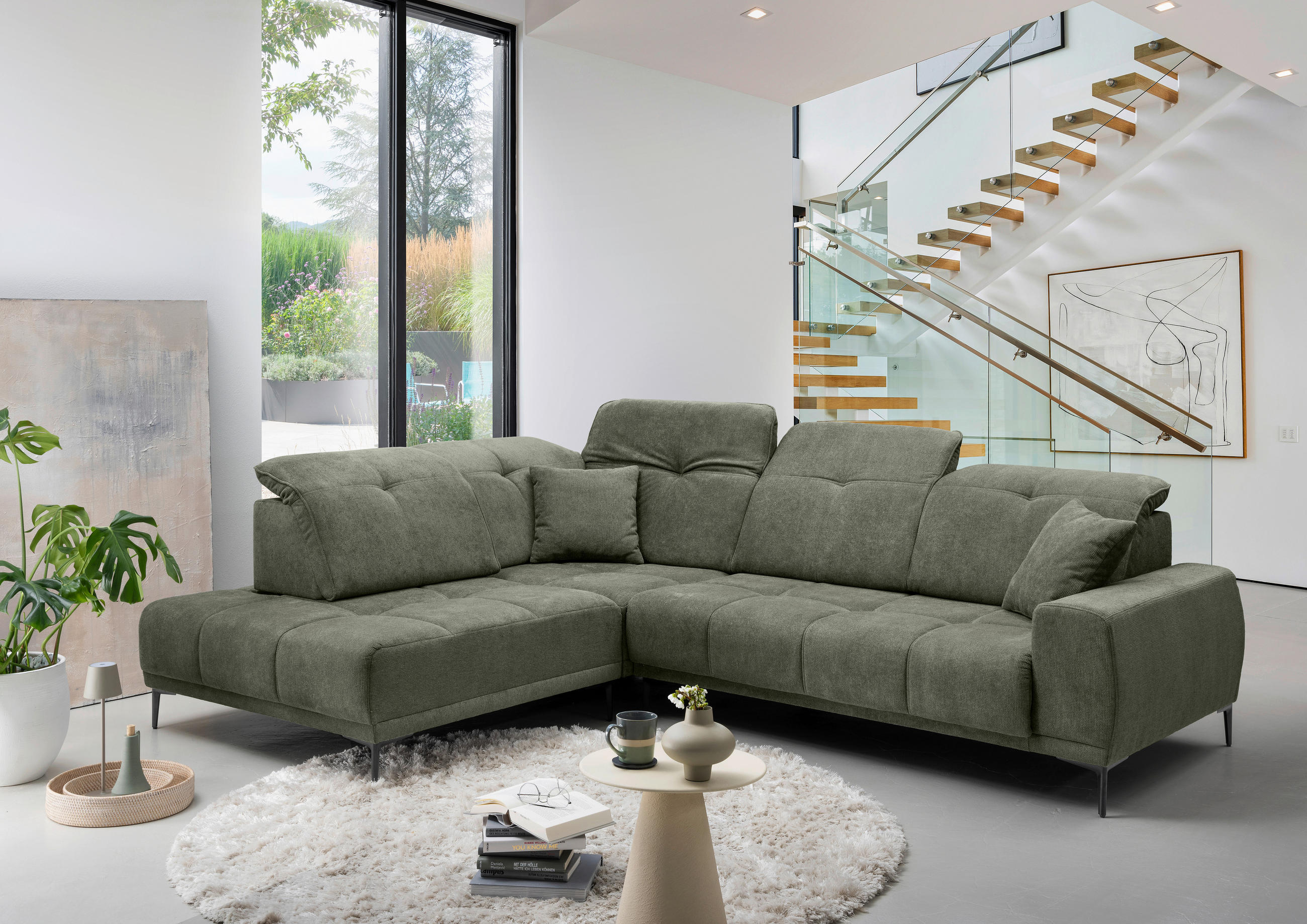 ECKSOFA NESTO Dunkelgrün Chenille Zierkissen, Kopfteilverstellung, Sitzvorzug  - Dunkelgrün/Schwarz, Basics, Textil/Metall (232/305cm) - Livetastic