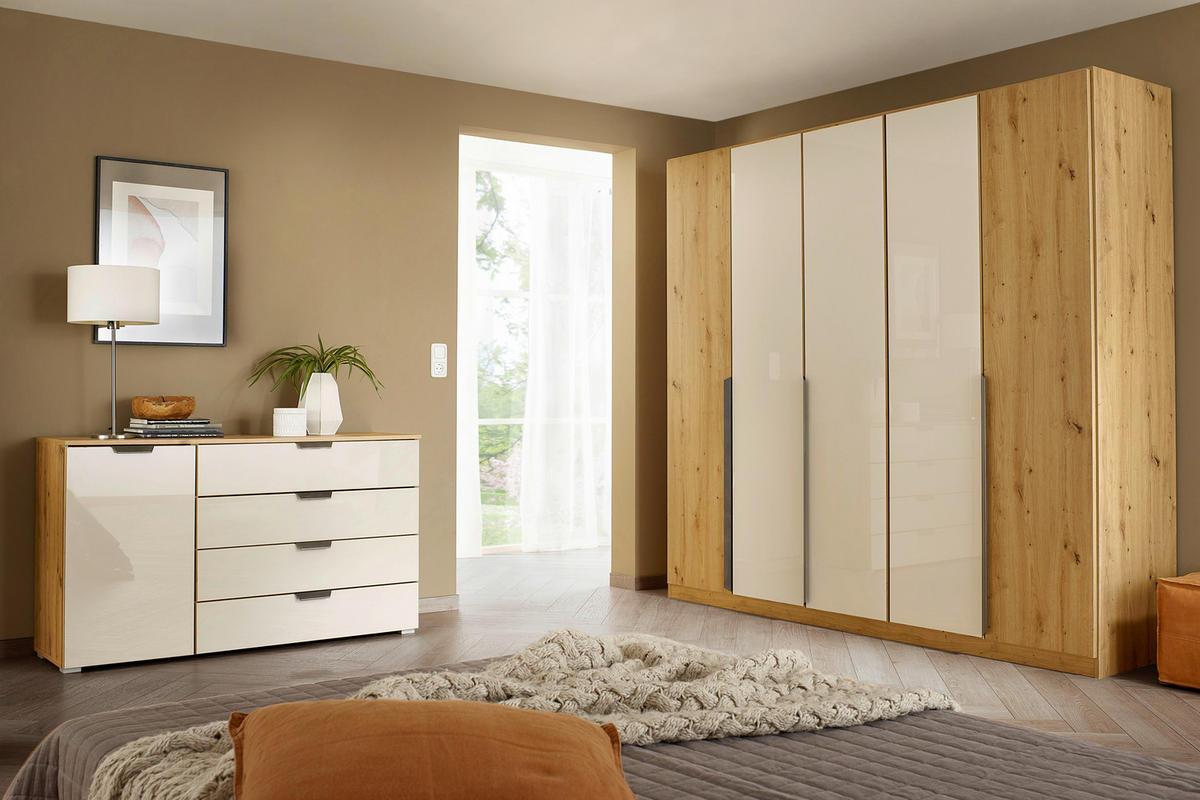 DREHTÜRENSCHRANK in Champagner, Eiche Artisan  - Champagner/Eiche Artisan, Modern, Glas/Holzwerkstoff (225/210/54cm) - Rauch Möbel