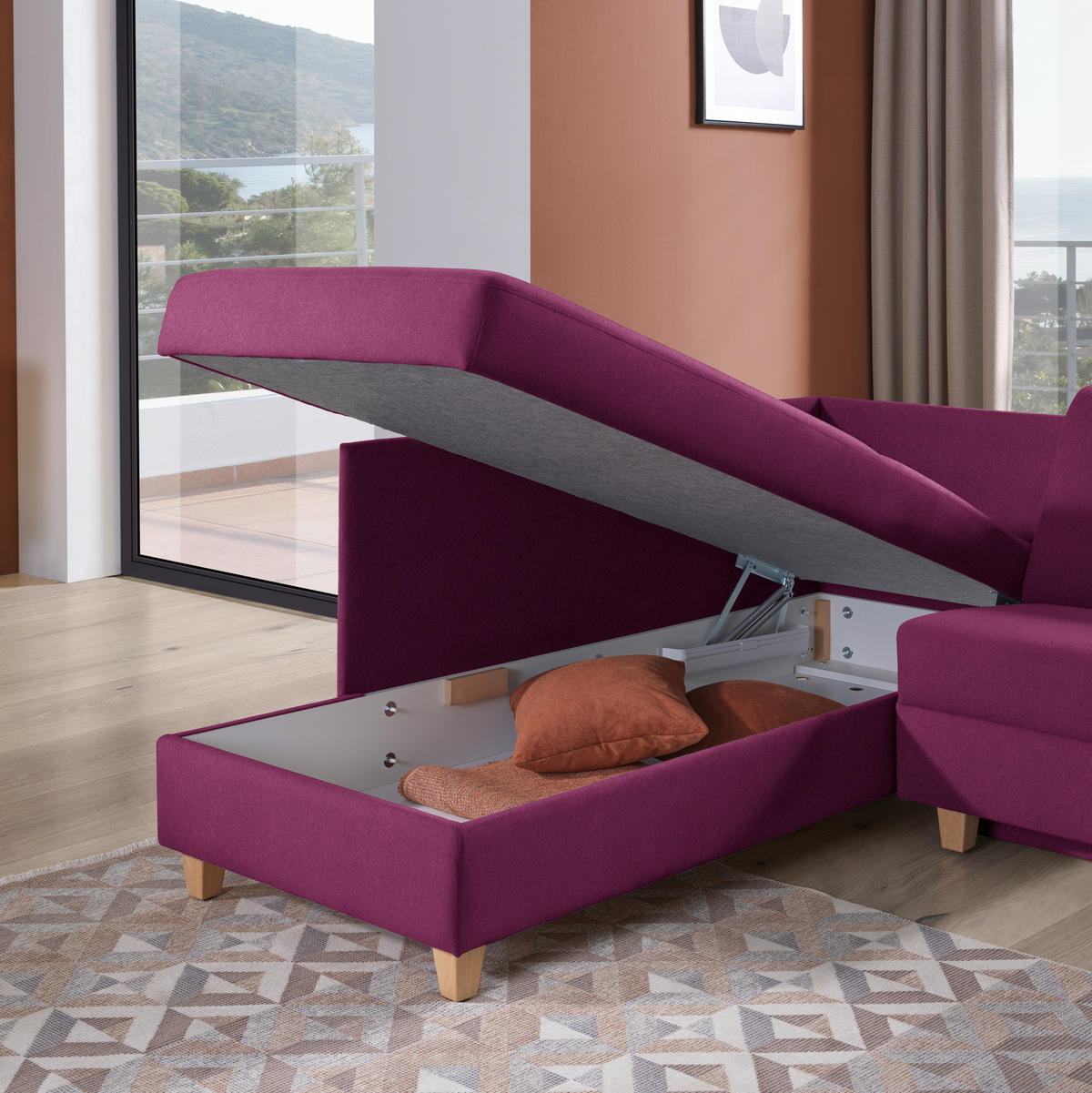 ECKSOFA in Flachgewebe Beere  203/261 cm  - Eichefarben/Beere, KONVENTIONELL, Holz/Textil (203/261cm) - Sedda