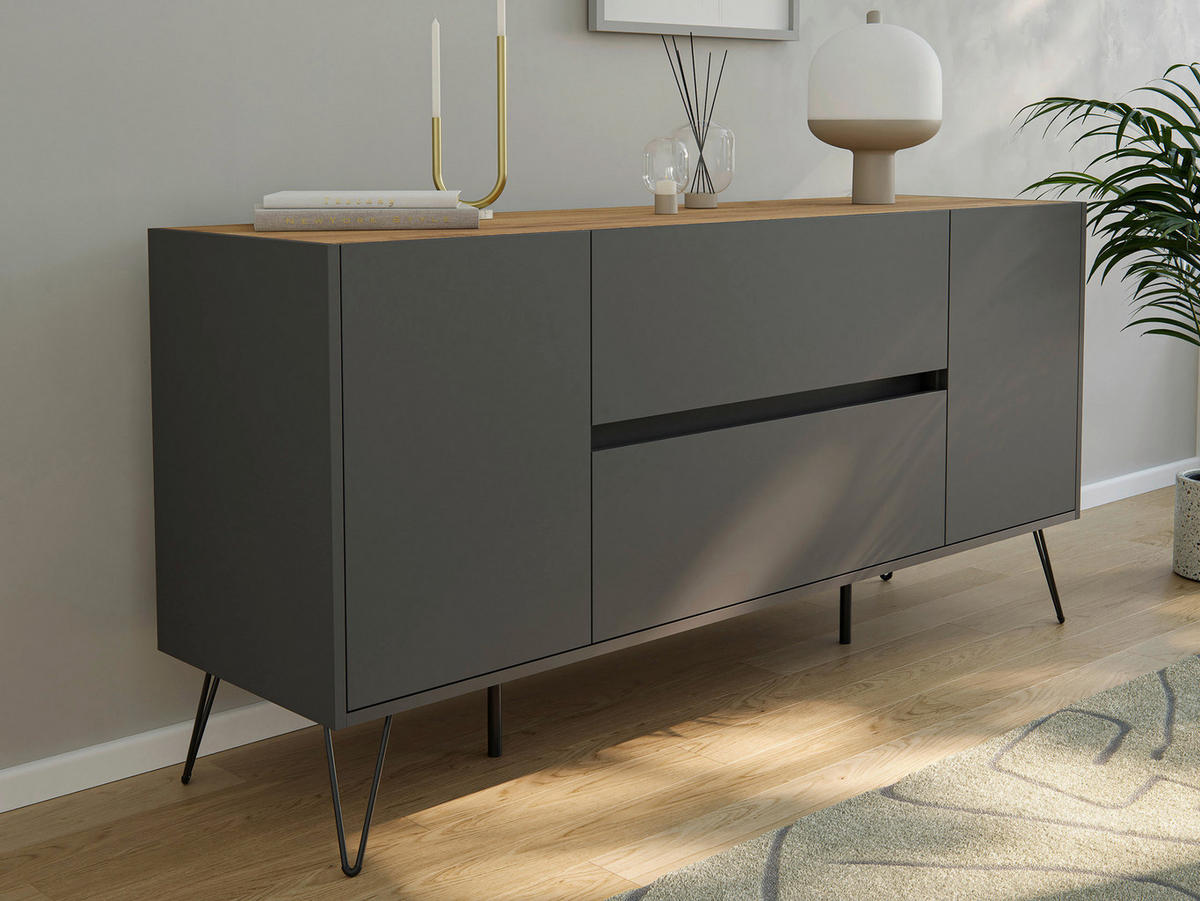 SIDEBOARD Posseik Industrial 155/75,8/42 cm 2 Schublade(n)  - Eichefarben/Graphitfarben, Design, Holzwerkstoff/Metall (155/75,8/42cm) - MID.YOU