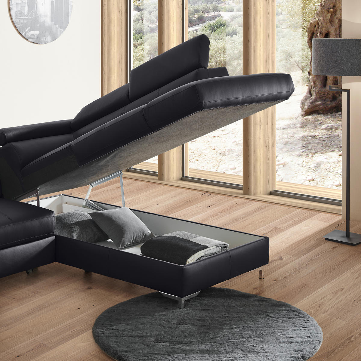 ECKSOFA in Echtleder Hellgrau  - Hellgrau/Schwarz, Design, Leder/Metall (213/268cm) - Stylife