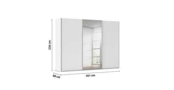 SCHWEBETÜRENSCHRANK 301/236/68 cm 3-türig Weiß Hochglanz, Weiß  - Weiß Hochglanz/Alufarben, Basics, Glas/Holzwerkstoff (301/236/68cm) - Novel