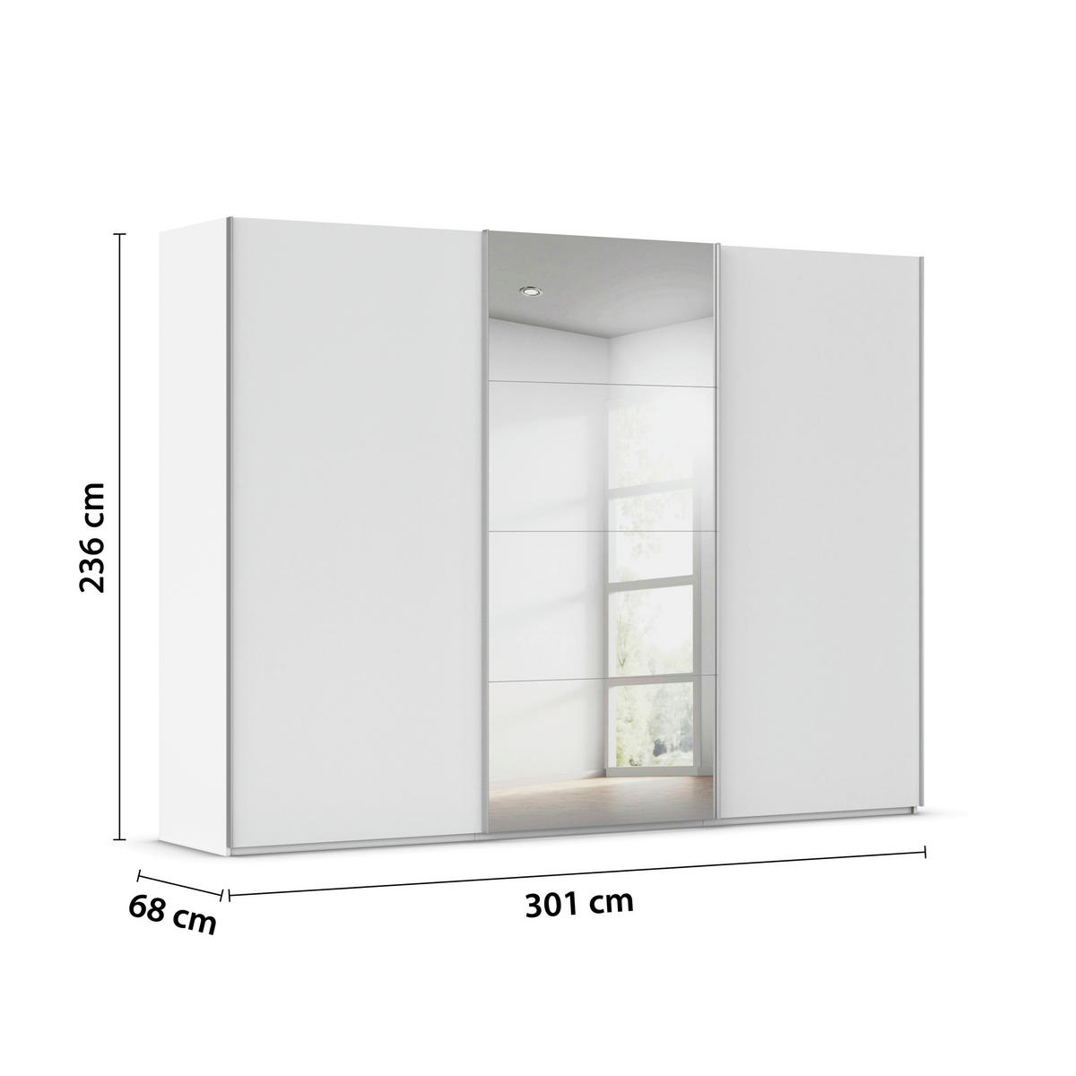 SCHWEBETÜRENSCHRANK 301/236/68 cm 3-türig Weiß, Weiß Hochglanz  - Weiß Hochglanz/Alufarben, Basics, Glas/Holzwerkstoff (301/236/68cm) - Novel