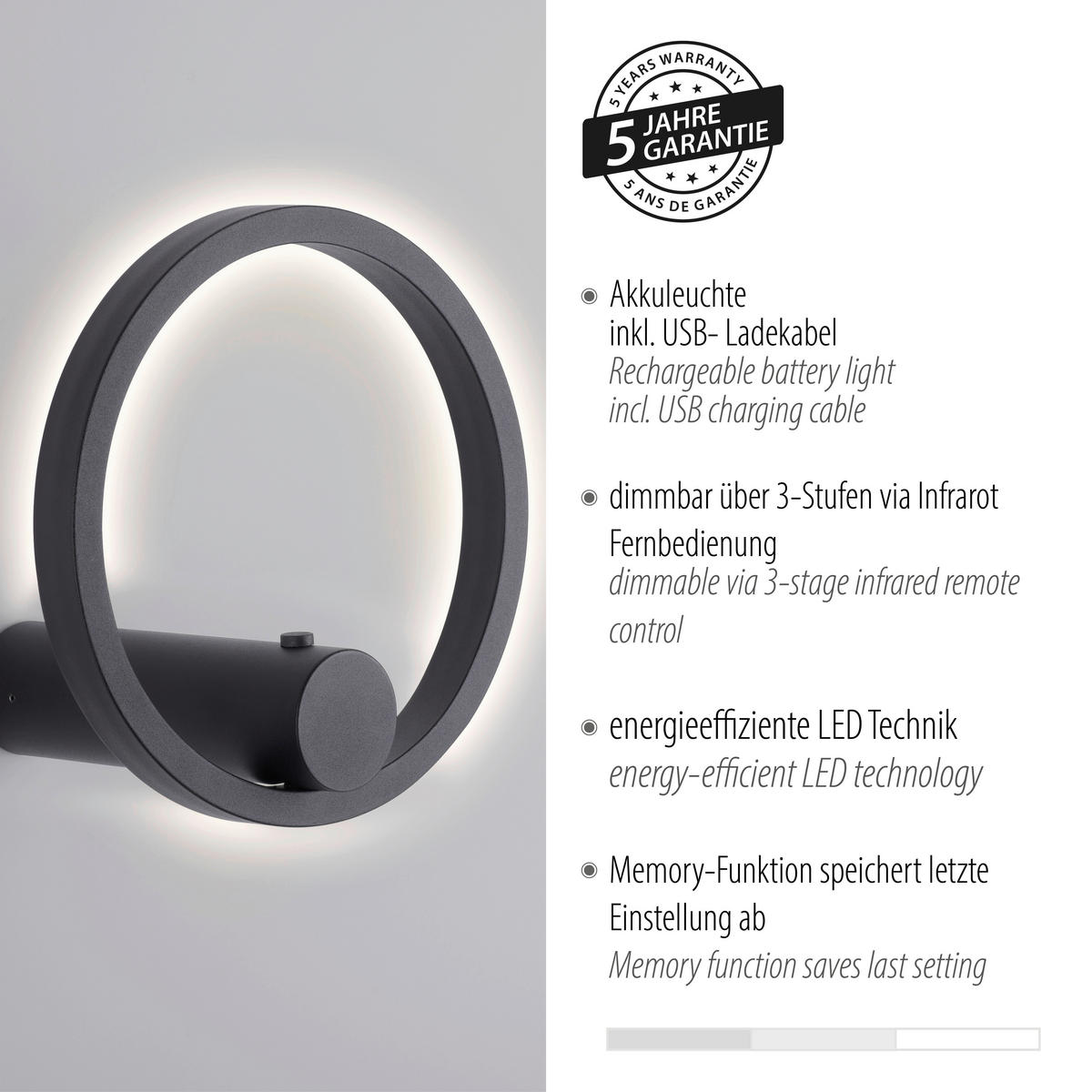 AKKU-WANDLEUCHTE 22/17,5/22 cm   - Anthrazit, Design, Kunststoff/Metall (22/17,5/22cm)