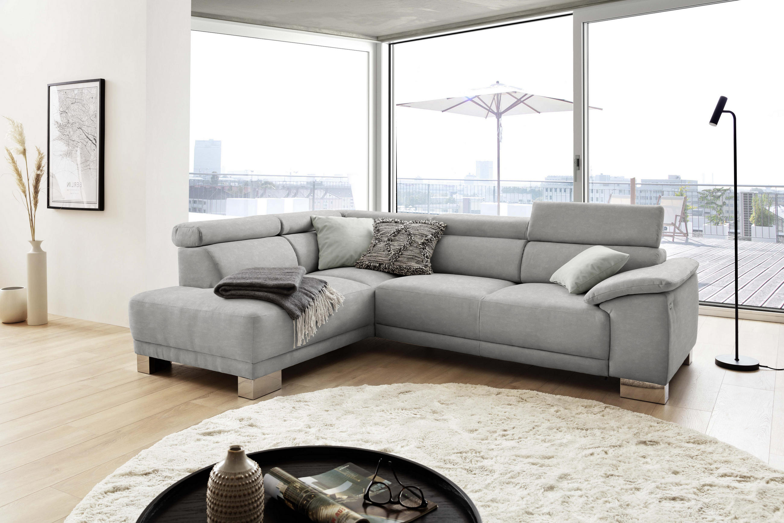 ECKSOFA in Mikrofaser Grau  - Chromfarben/Grau, Design, Holz/Textil (205/270cm) - Pure Home Lifestyle