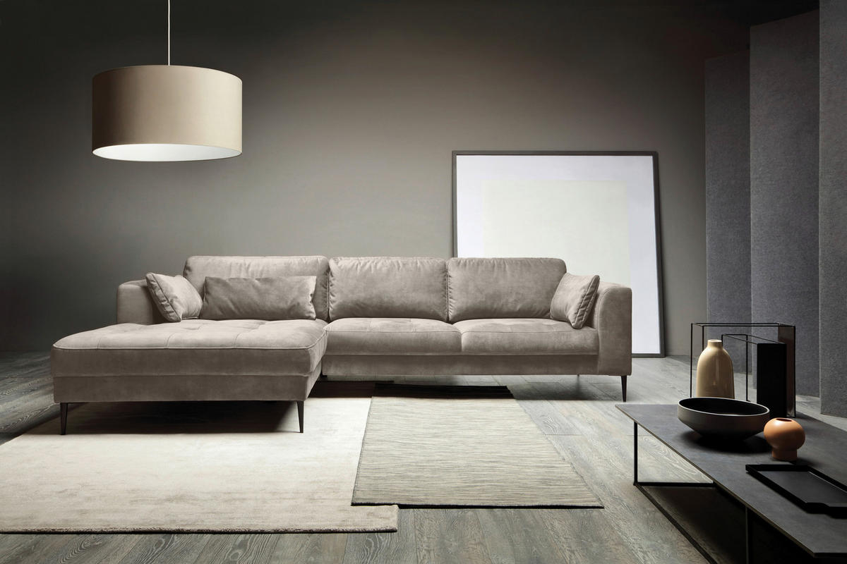 ECKSCHLAFSOFA  mit Stoffauswahl, Schlafen auf Sitzhöhe, Hocker erhältlich Mikrofaser Hellgrau  - Hellgrau/Schwarz, MODERN, Textil (168/280cm) - Trendmanufaktur