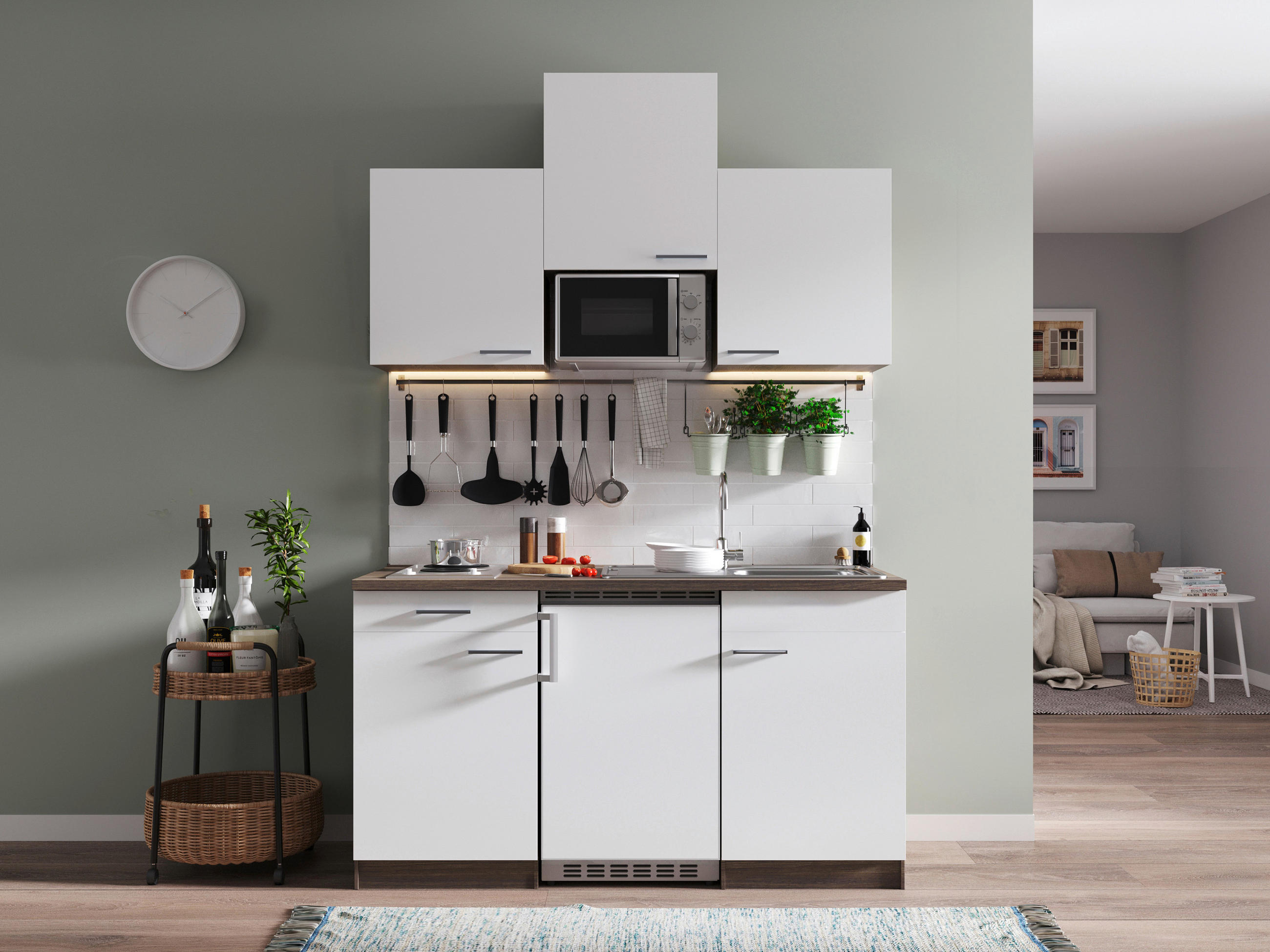 MINIKÜCHE 150 cm   in Weiß  - Eichefarben/Alufarben, Basics, Holzwerkstoff/Kunststoff (150cm) - Respekta