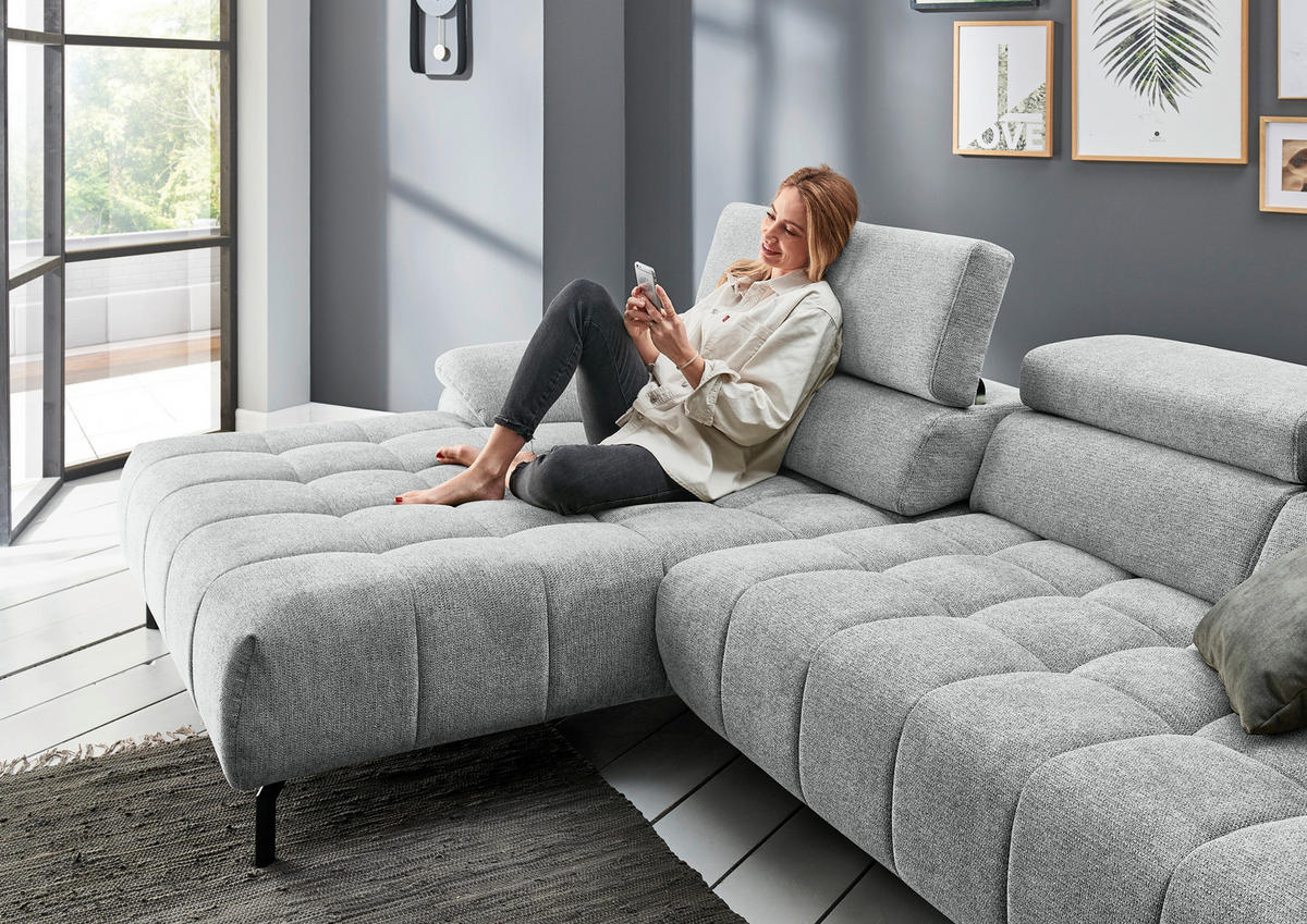 ECKSOFA in Chenille Grauweiss  - Schwarz/Grauweiss, Design, Textil/Metall (190/329cm) - Beldomo Style