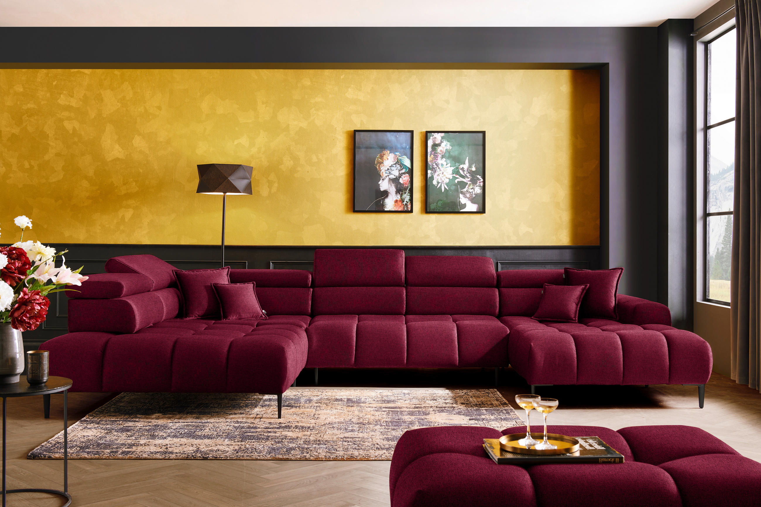 WOHNLANDSCHAFT in Webstoff Rot  - Rot/Schwarz, Design, Textil/Metall (216/385/177cm) - Welnova