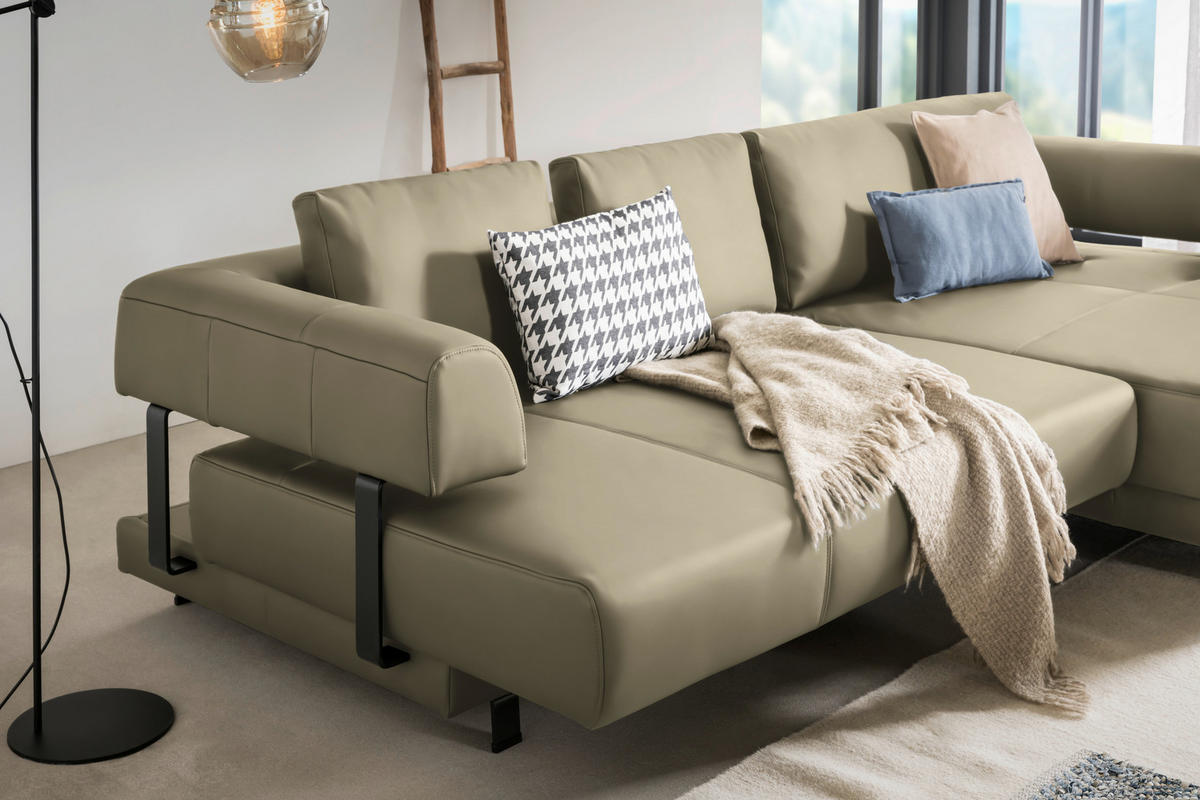 ECKSOFA in Echtleder Sandfarben  307/188 cm  - Sandfarben/Schwarz, Design, Leder/Metall (307/188cm)
