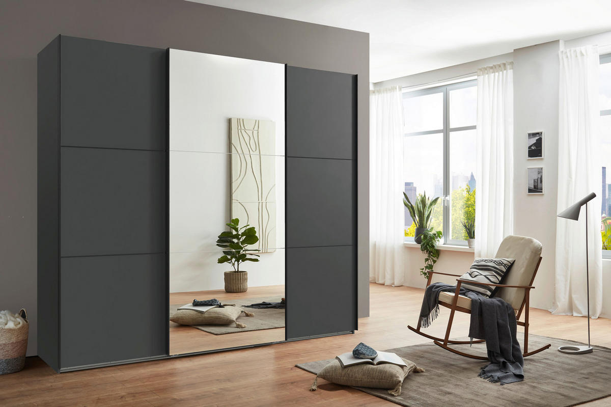 SCHWEBETÜRENSCHRANK 250/216/65 cm 3-türig Graphitfarben, Schwarz  - Schwarz/Graphitfarben, KONVENTIONELL, Glas/Holzwerkstoff (250/216/65cm) - Stylife