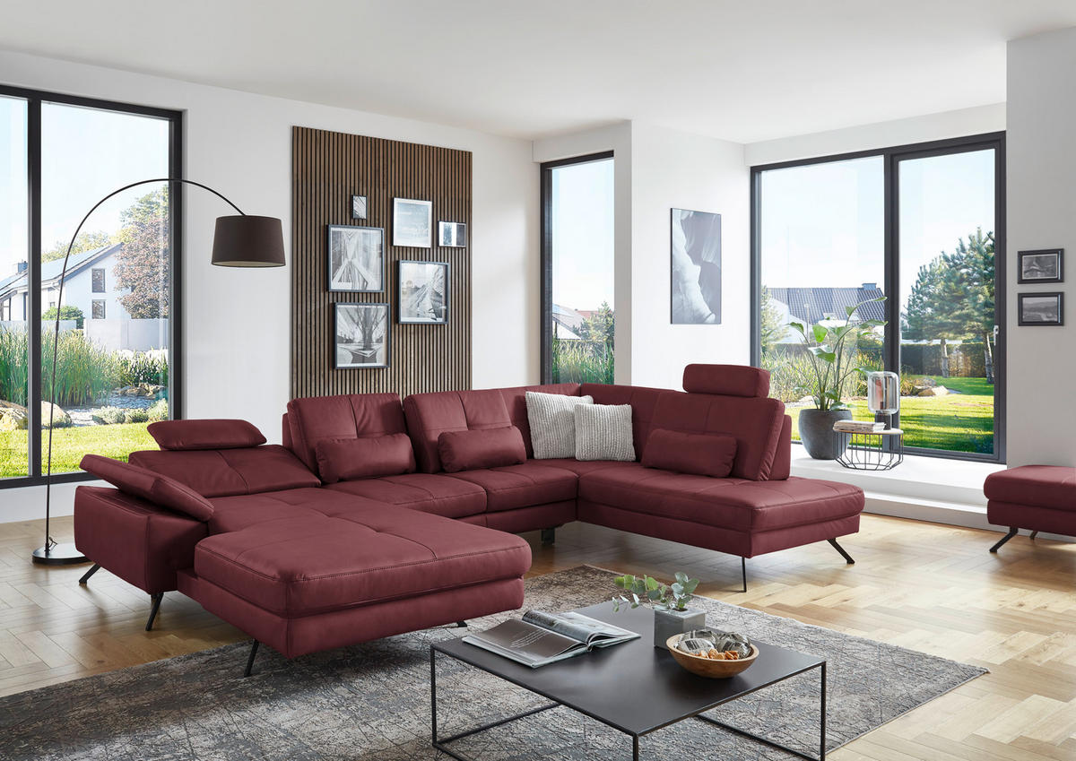 WOHNLANDSCHAFT in Lederlook, Mikrofaser Bordeaux  - Bordeaux/Schwarz, Design, Textil/Metall (179/343/220cm) - Beldomo System