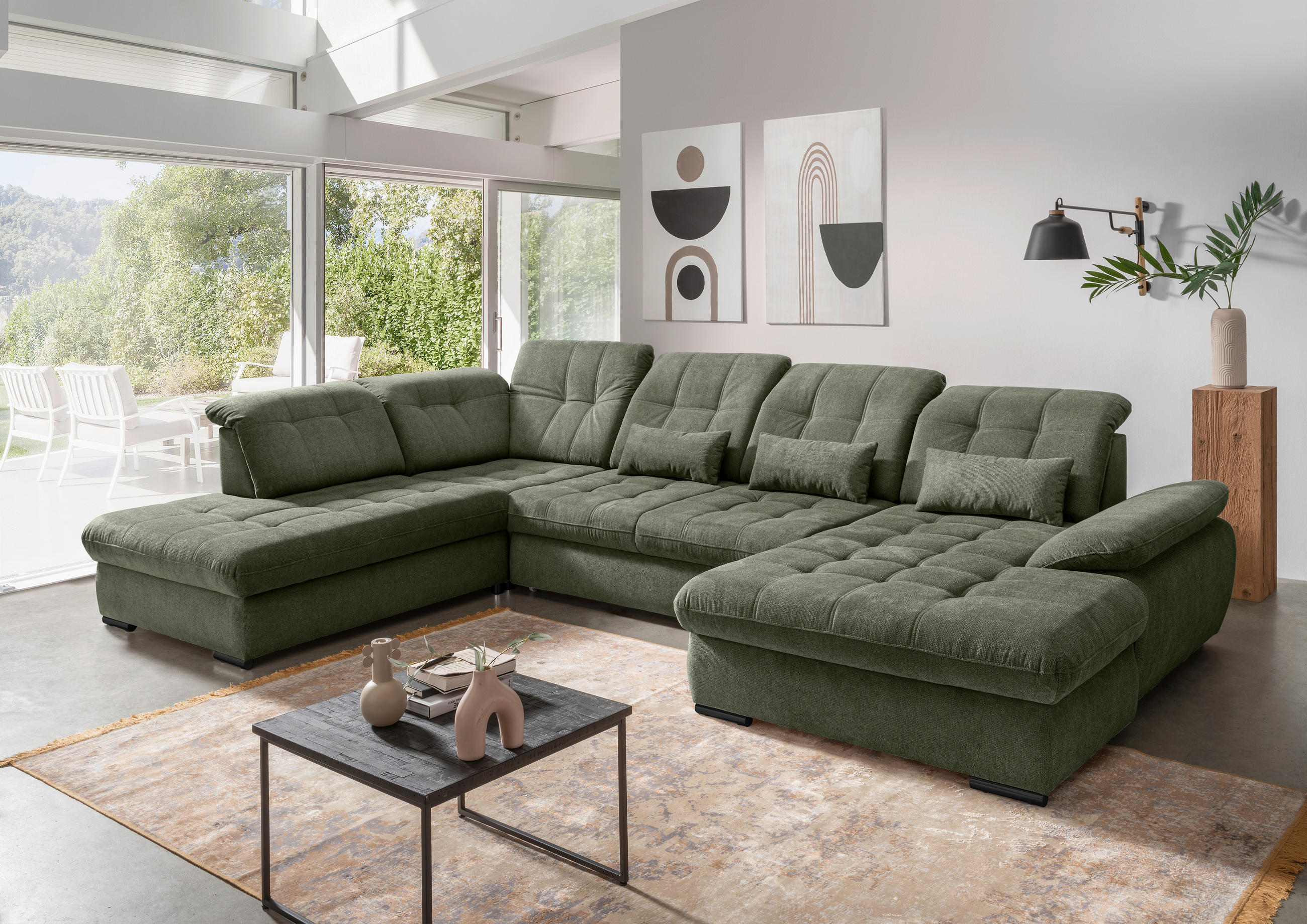 WOHNLANDSCHAFT in Chenille Dunkelgrün  - Dunkelgrün/Schwarz, Modern, Textil/Metall (252/387/184cm) - Livetastic