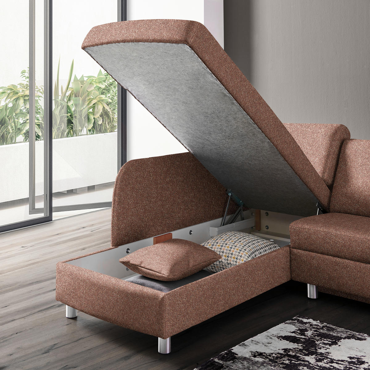 ECKSOFA  in Mikrovelours Terracotta  208/227 cm  - Terracotta/Alufarben, KONVENTIONELL, Textil/Metall (208/227cm) - Sedda