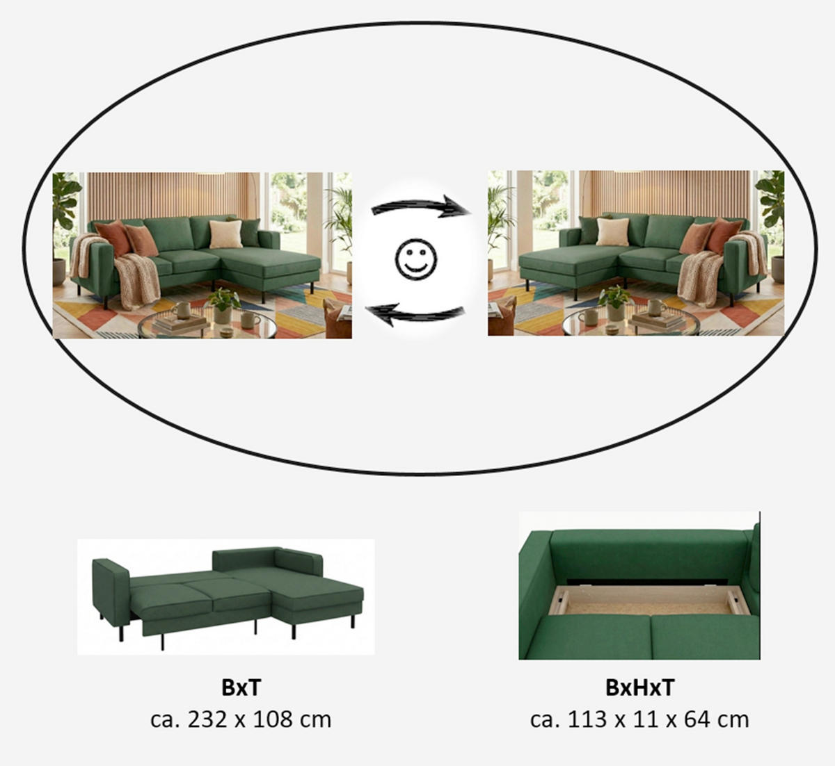 ECKSCHLAFSOFA WATKINS  mit Schlafen auf Sitzhöhe, Rücken echt, Armteil links, Armteil rechts Struktur Dunkelgrün  - Dunkelgrün/Schwarz, MODERN, Textil/Metall (232/161cm) - Trendmanufaktur