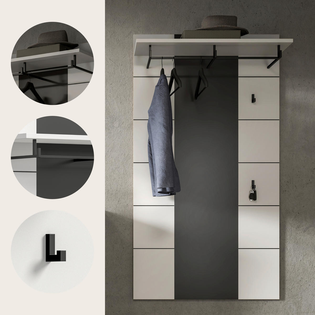 GARDEROBENPANEEL  in 80/145/29 cm  - Weiß/Grau, Design, Holzwerkstoff (80/145/29cm) - Livetastic